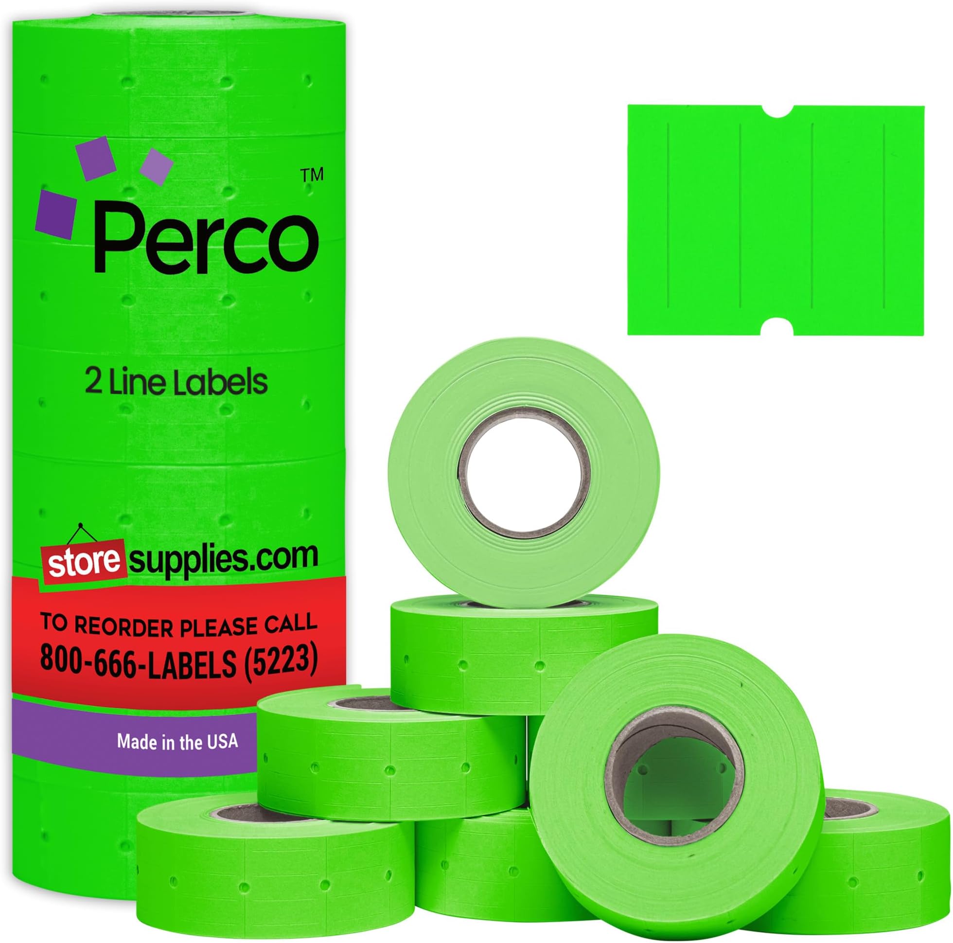 - Perco 2 Line Fluorescent Green Labels - 6,000 Blank Price and Date Gun Labels for Perco 2 Line Price and Date Guns - 8 Rolls, 1 Sleeve - Made in USA