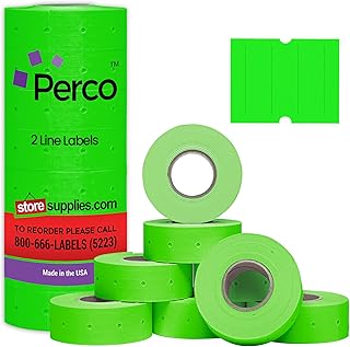 Perco 2 Line Fluorescent Green Labels - 8 Rolls, 1 Sleeve, 6,000 Blank Price and Date Gun Labels for Perco 2 Line Price an