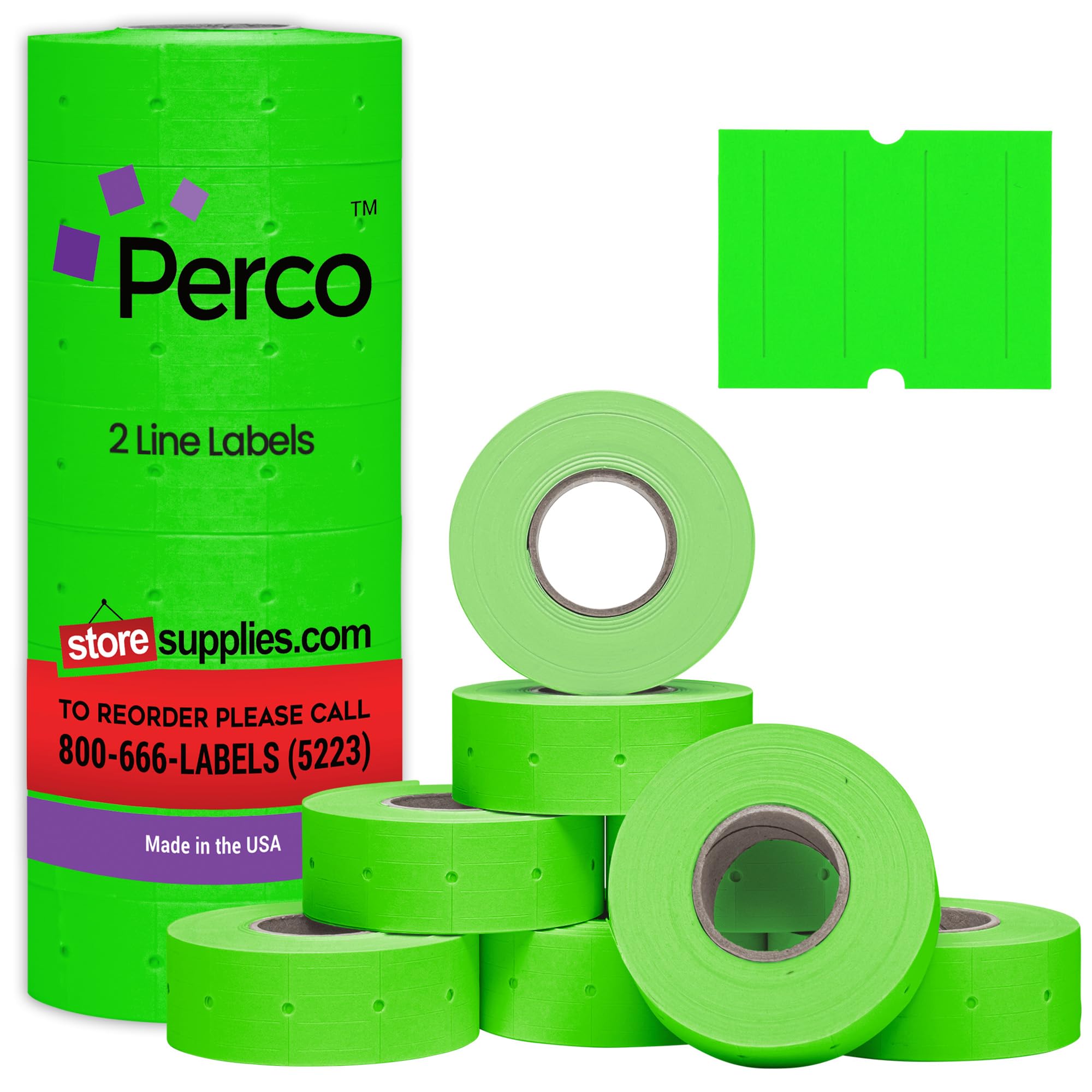 Etiquettes Perco Vert Fluo pour Perco 2 lignes Labeler Gun - 1 manchon - 6000 étiquettes