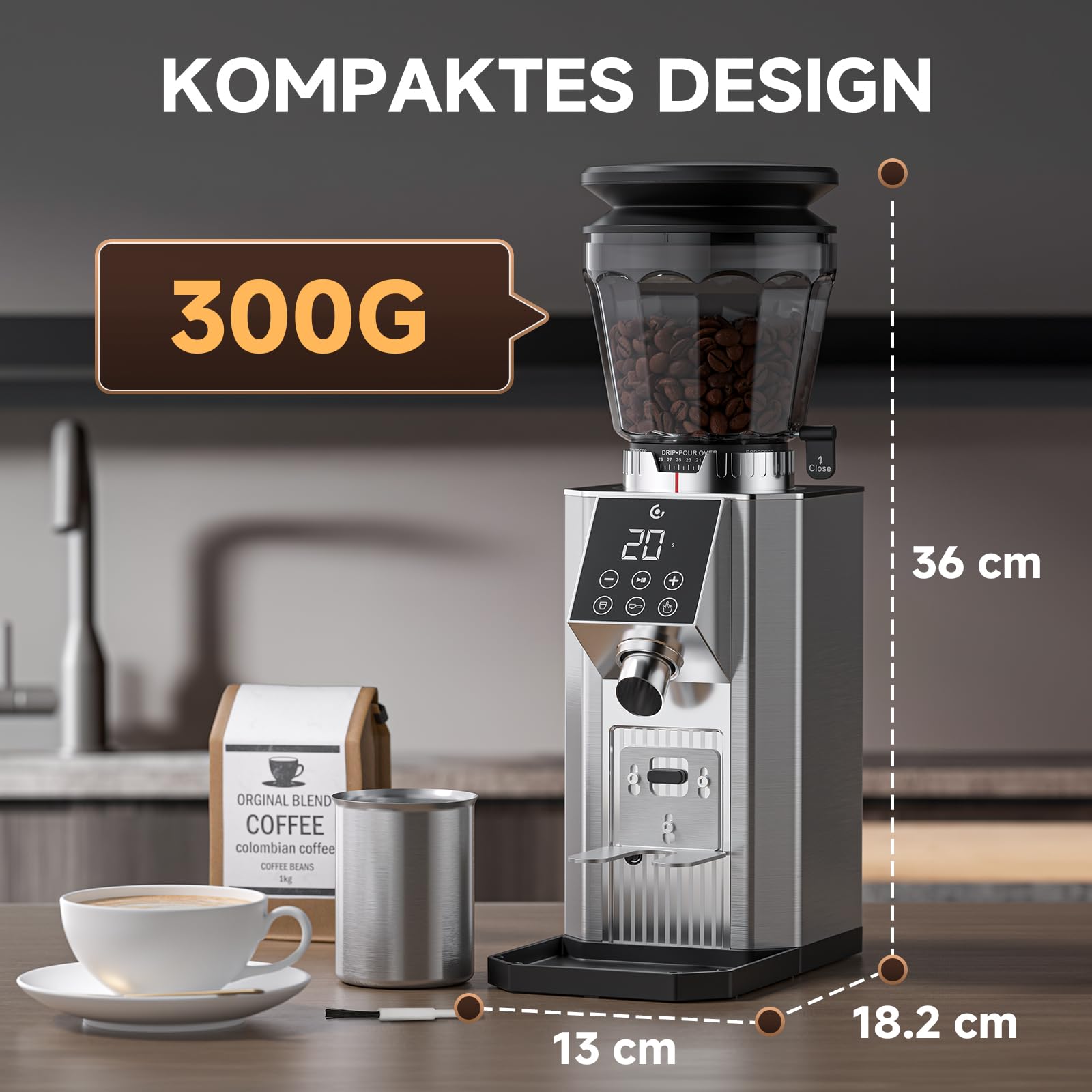 AMZCHEF Kaffeemühle mit 45 Mahlgraden, Edelstahl, Plasma Anti-Statik System, Speicherfunktion, LED-Touchdisplay, 300g Bohnenbehälter, Kaffeemühle für Siebträger, Espresso, Filterkaffee & French Press