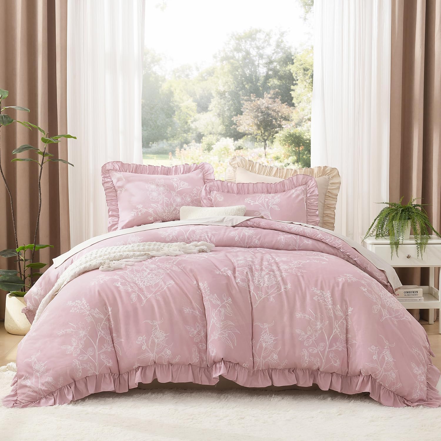 Litanika Full Comforter Set, 3 Pieces Pink White Floral Ruffle Bedding Set | Farmhouse Shabby Chic Aesthetic Soft Fluffy Lightweight Breathable Bed Set for Girls Women Room Decor Gift All Season
