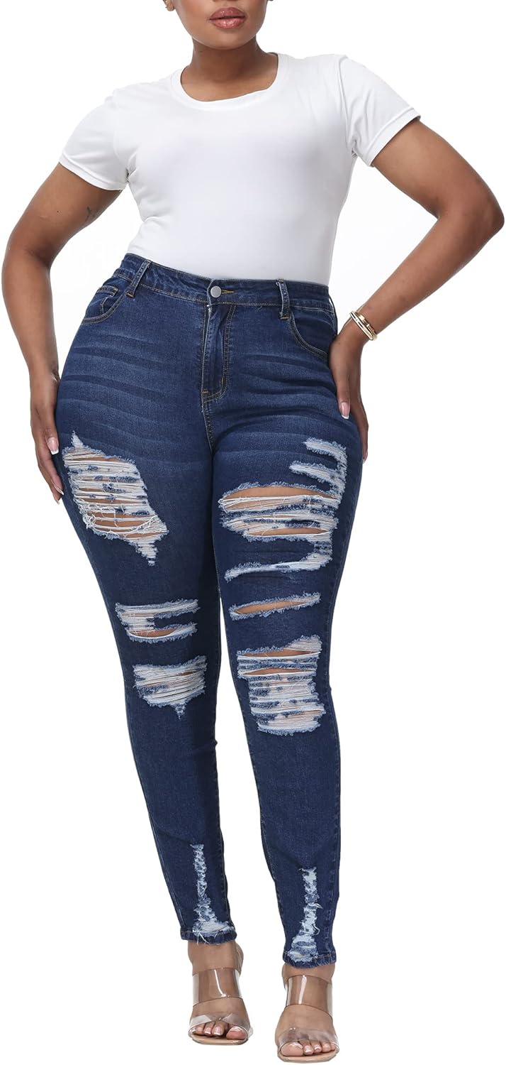 Womens Plus Size Skinny Jeans Stretchy High Waisted Ripped Distressed Ankle Jean - Image 6