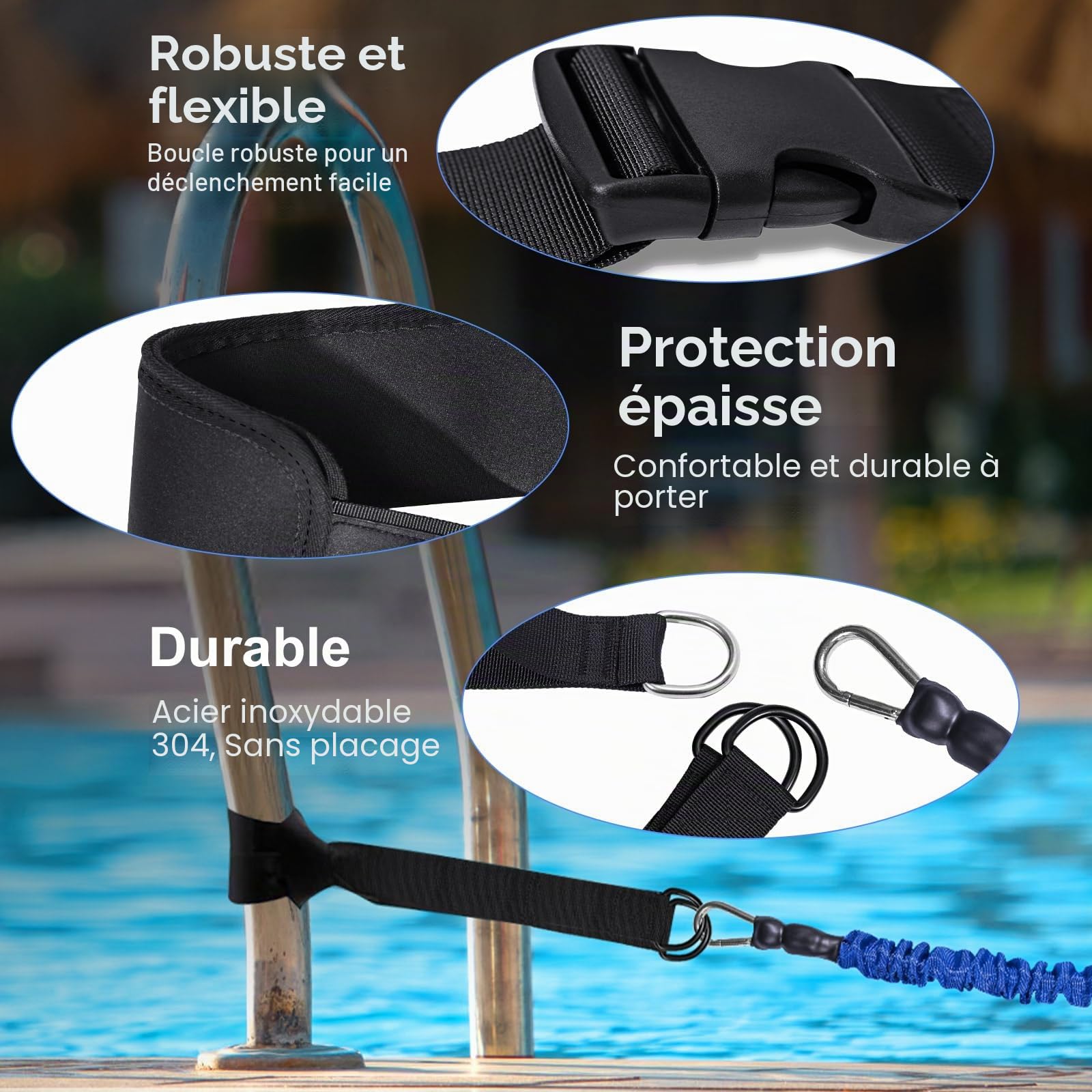 2,5-7,5 mètres de Ceinture de résistance réglable, Ceinture de Natation pour Enfants en Piscine, Aide à la Natation pour Toute Piscine sans système de Contre-Courant (Enfants, Bleu)