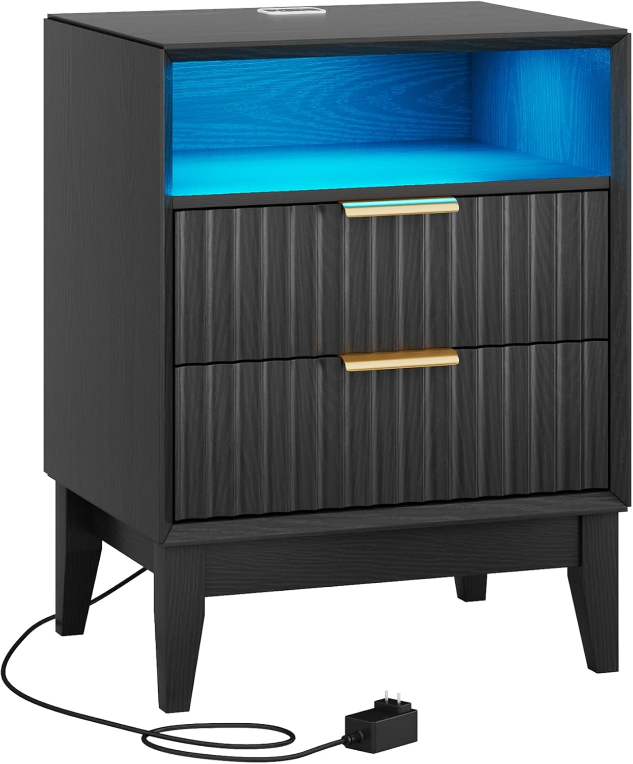 LVSOMT 20'W Fluted Nightstand, Night Stand with Charging Station and LED Lights, RFID Lock Hidden Drawer, Mid Century Morden Bedside Table for Bedroom, 2 Drawers and Open Storage Cubby, Black