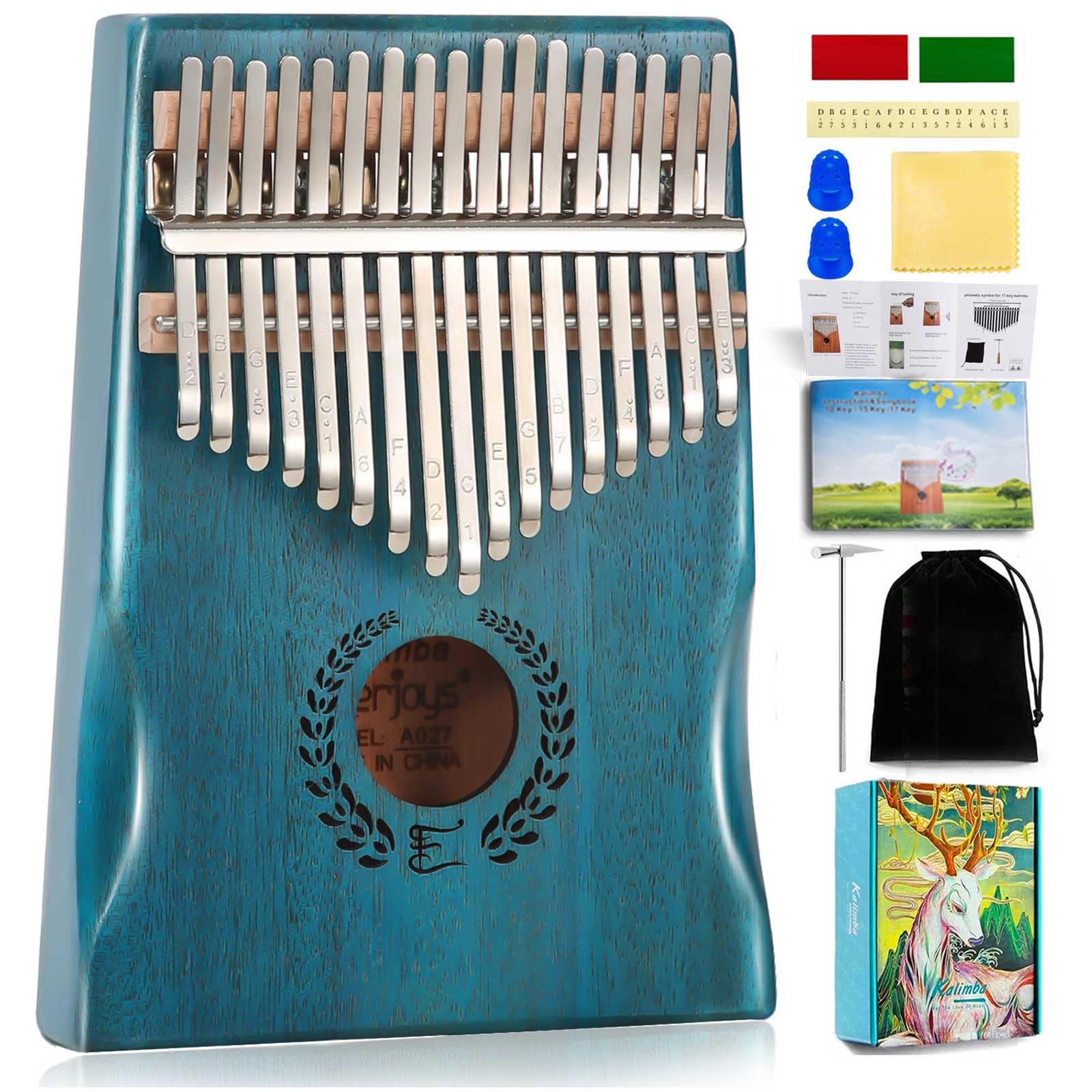Everjoys Kalimba - Piano da pollice a 17 tasti, portatile, con custodia protettiva, libro di canzoni veloce per imparare, martello per accordare, kit tutto in uno, naturale
