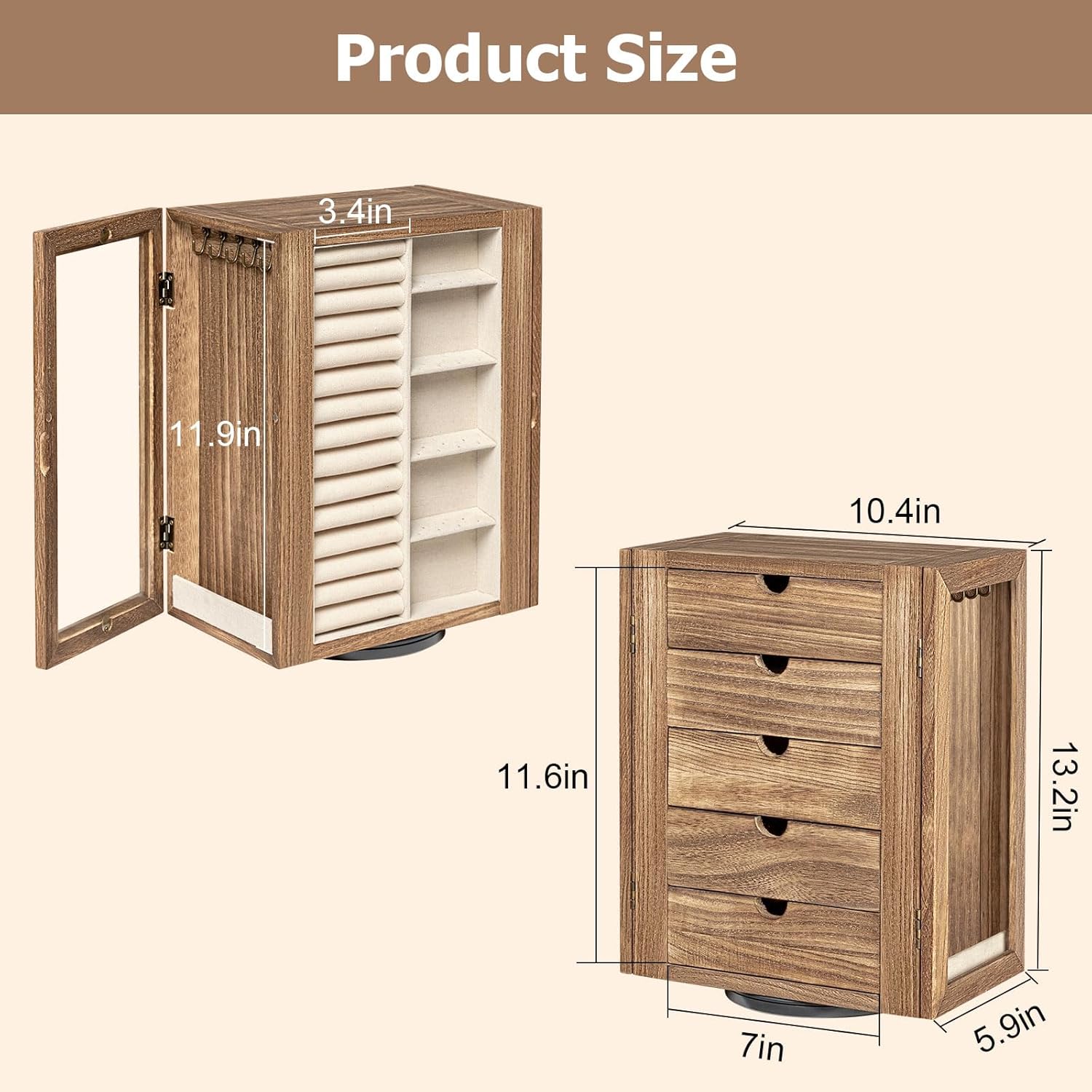 Emfogo 360° Rotating Jewelry Box for Women, Rustic Wooden Jewelry Organizer Box with 5 Drawers, Glass Doors, Vertical Open Design Jewelry Storage Case Display for Earrings Rings Necklaces Bracelets - Image 6