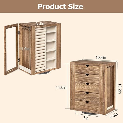 Miniatura 6 de Emfogo Joyero giratorio de 360 para mujer, caja organizadora de joyas de madera rústica con 5 cajones, puertas de cristal, diseño abierto vertical,