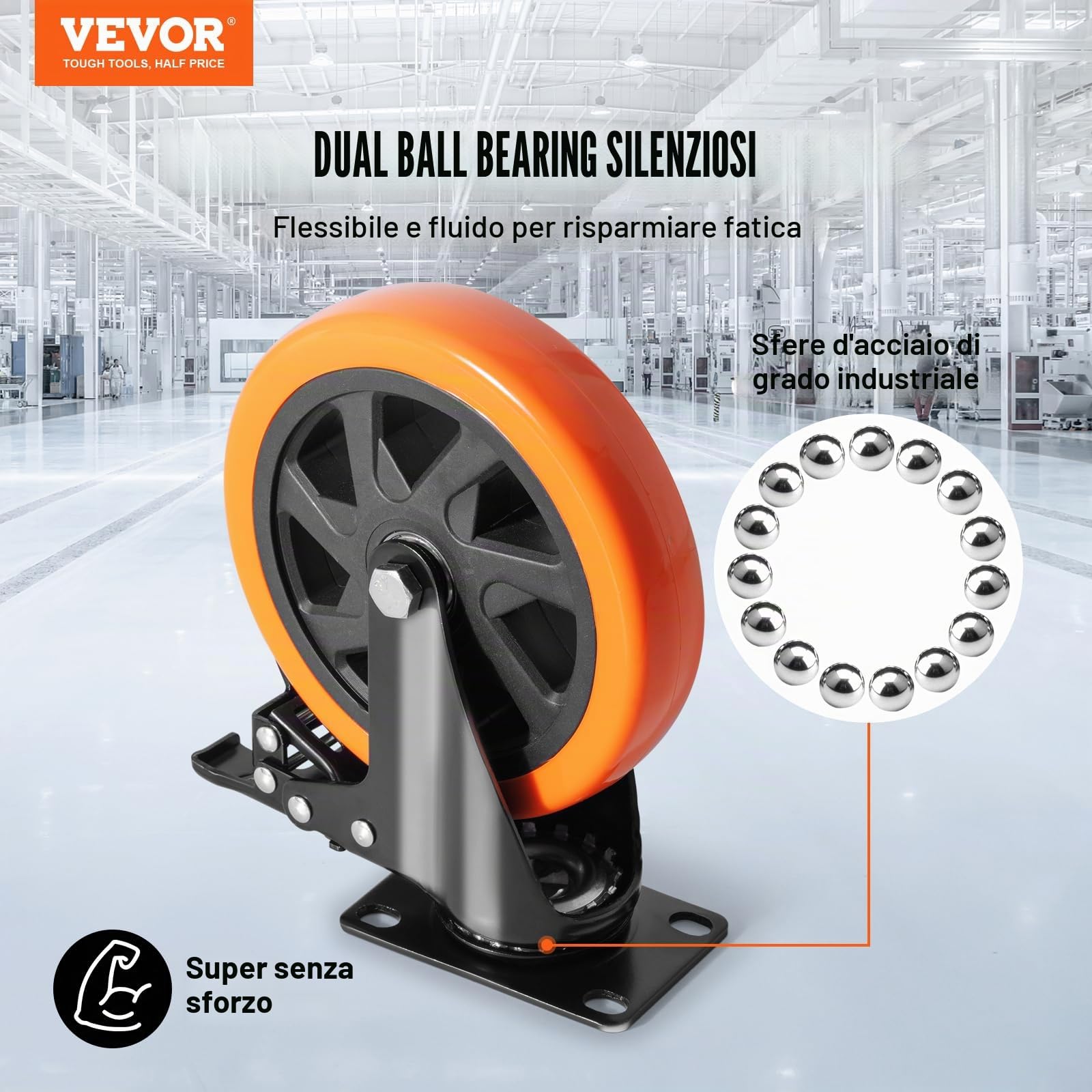 VEVOR Ruote Girevoli Set di 4 Rotelle per Mobili Industriali Ruote Silenziose in PVC Diametro da 152,4mm con Freno di Bloccaggio A/B Capacità Carico 318kg per Rotella per Carrelli da Banco da Lavoro