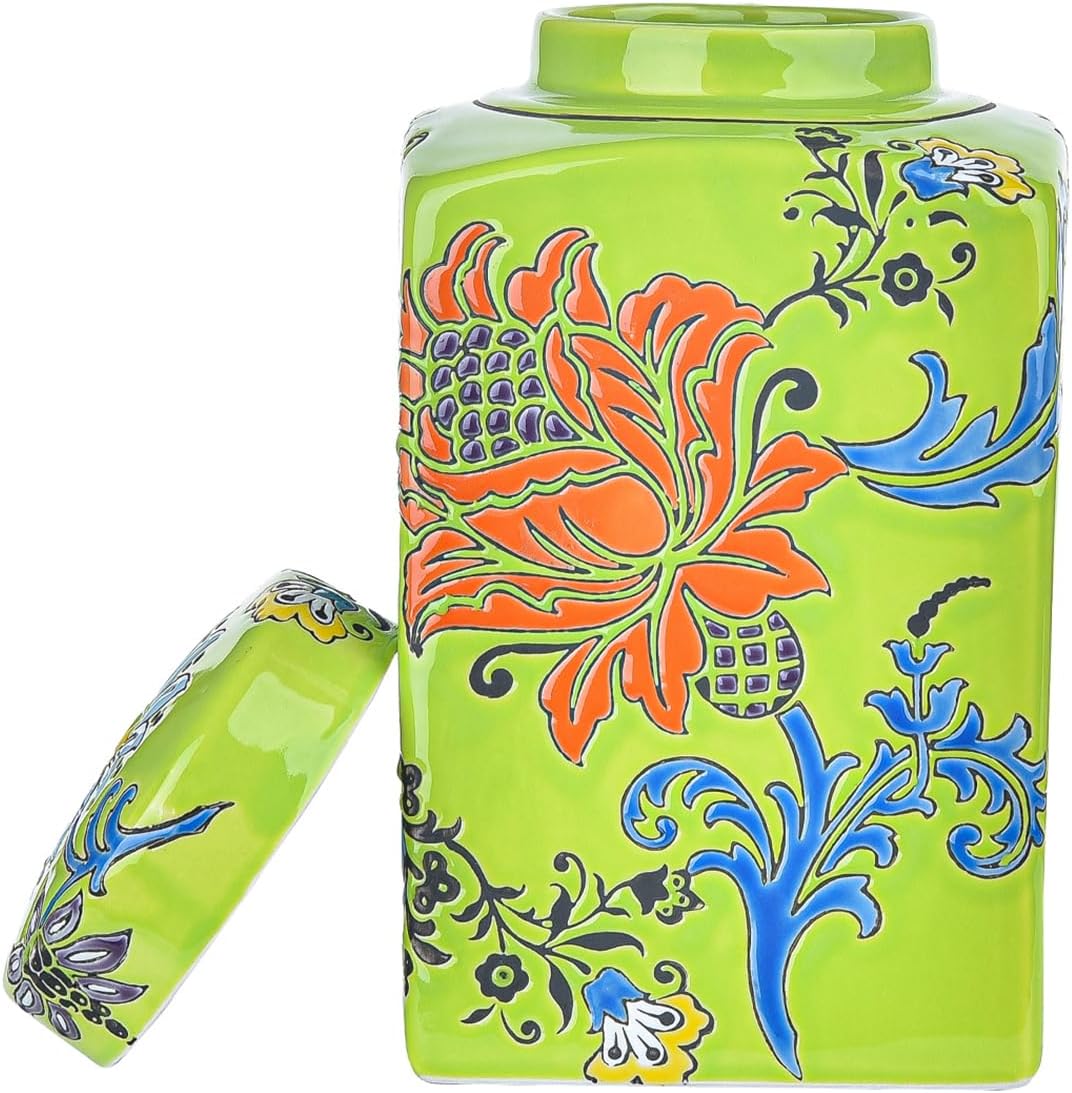Sungmor Decorative Ceramic Container with Lid, Square Ceramic Storage Jar Tea Canister, 8.2" Hand Painted Floral Pattern Porcelain Vase for Table Centerpiece, Green Glazed Ginger Jar for Home Decor