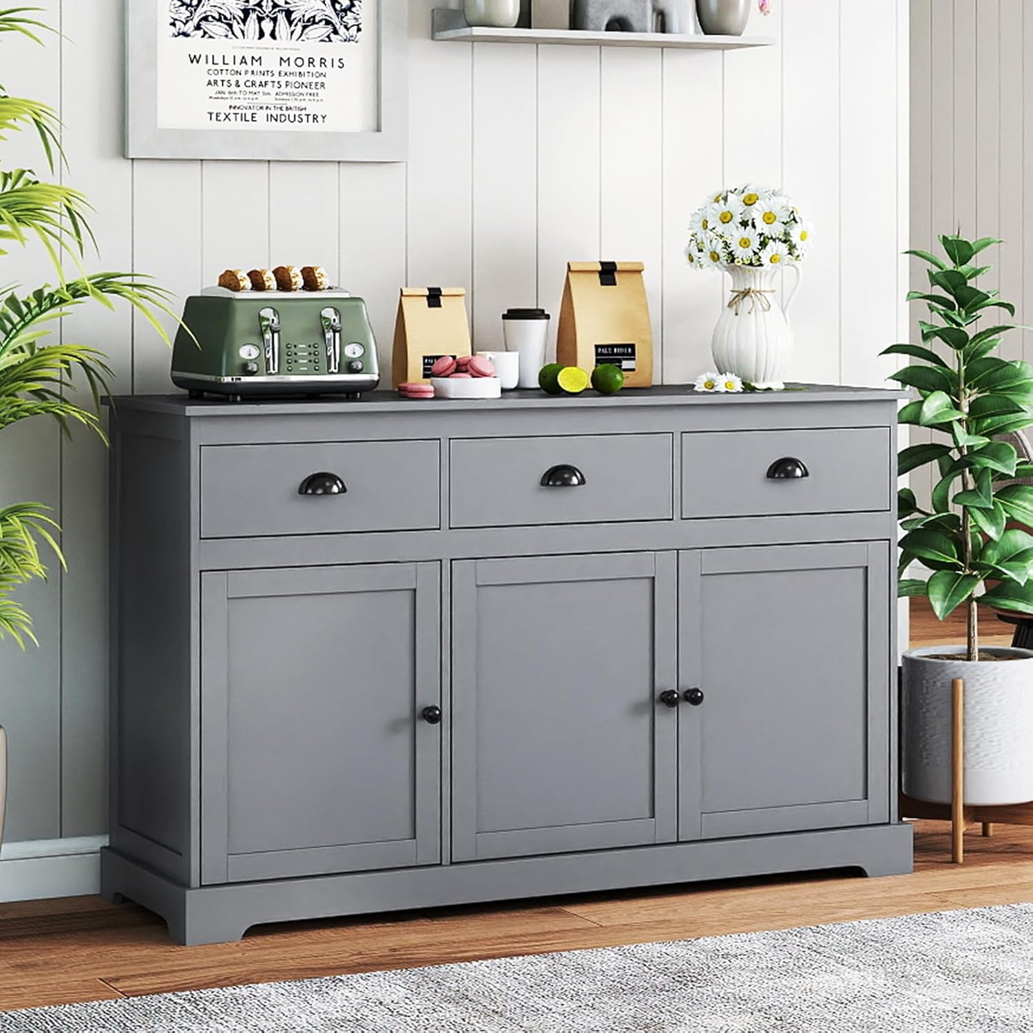 COSTWAY Sideboard Buffet Cabinet with Storage, Modern Coffee Bar Station with Drawers, Doors and Adjustable Shelves, Wooden Kitchen Storage Cabinet for Room (Gray)