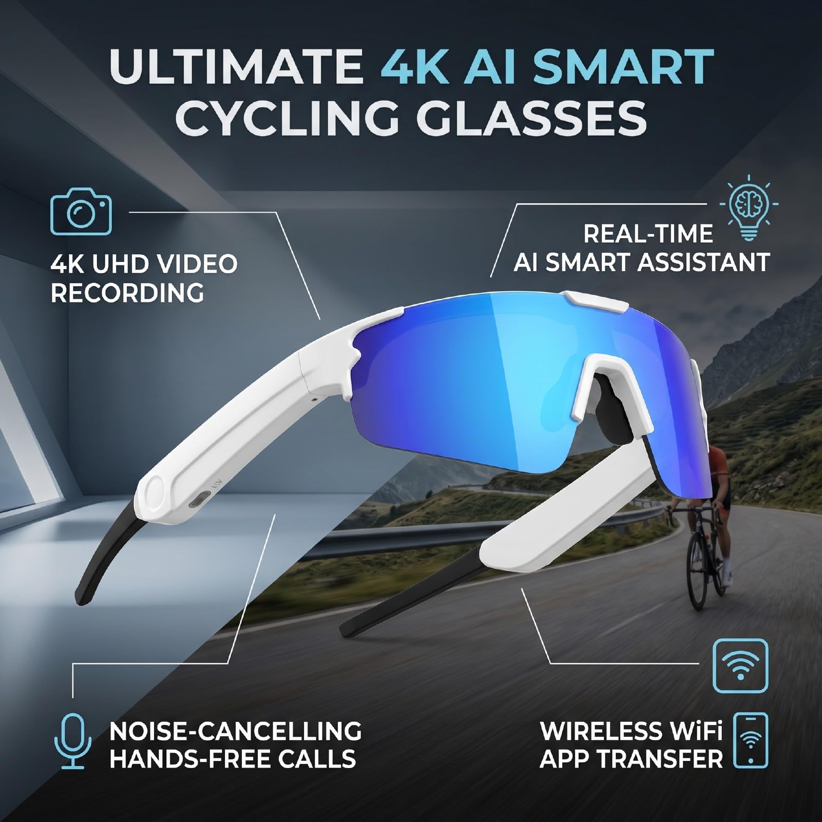 Occhiali Intelligenti da Ciclismo, Occhiali Sportivi con Fotocamera HD da 8 MP, Stabilizzazione EIS, BT 5.3, for Ciclismo e attività All'aperto (Bianco Blu)