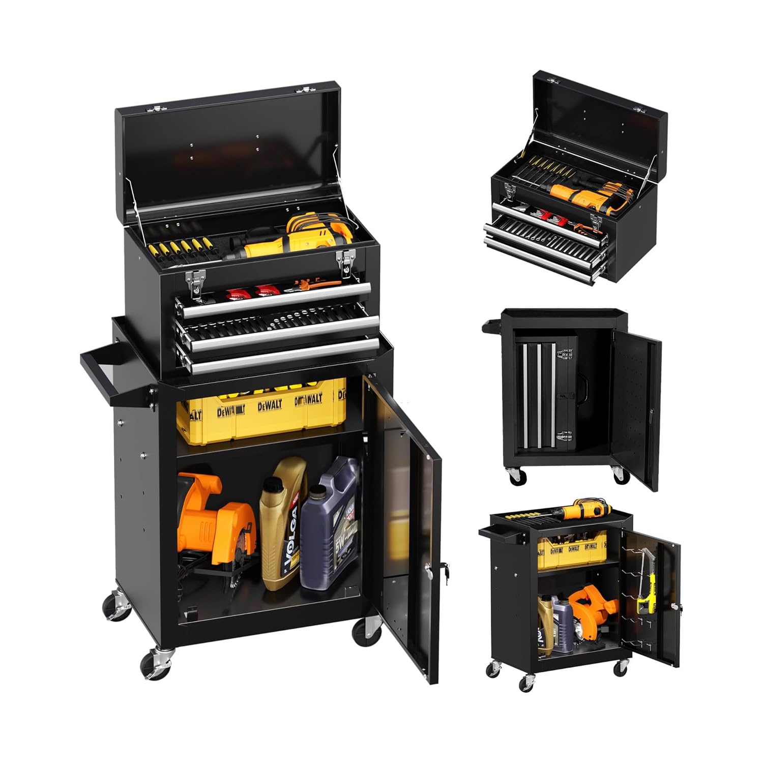 DAIMANN Carrello Porta Attrezzi Officina in Metallo - Banco da Lavoro Mobile con 3 Cassetti Scorrevoli e Armadietto con Serratura - 4 Ruote Girevoli e Maniglia Ergonomica - Organizer per Garage