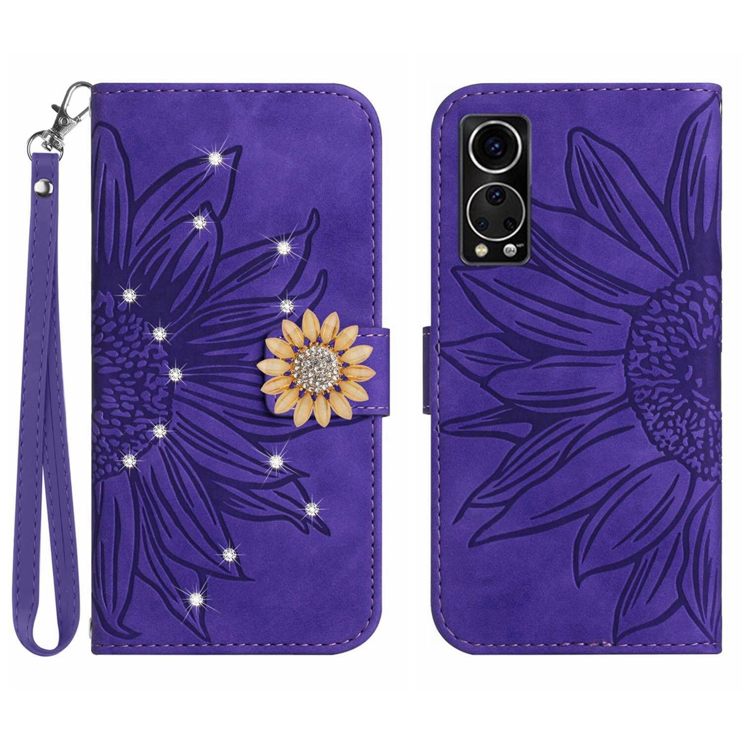 Compatible with ZTE Axon 30 5G Embossed Sunflower with Diamonds Magnetic Card Holder Wallet Phone Case with Short Strap