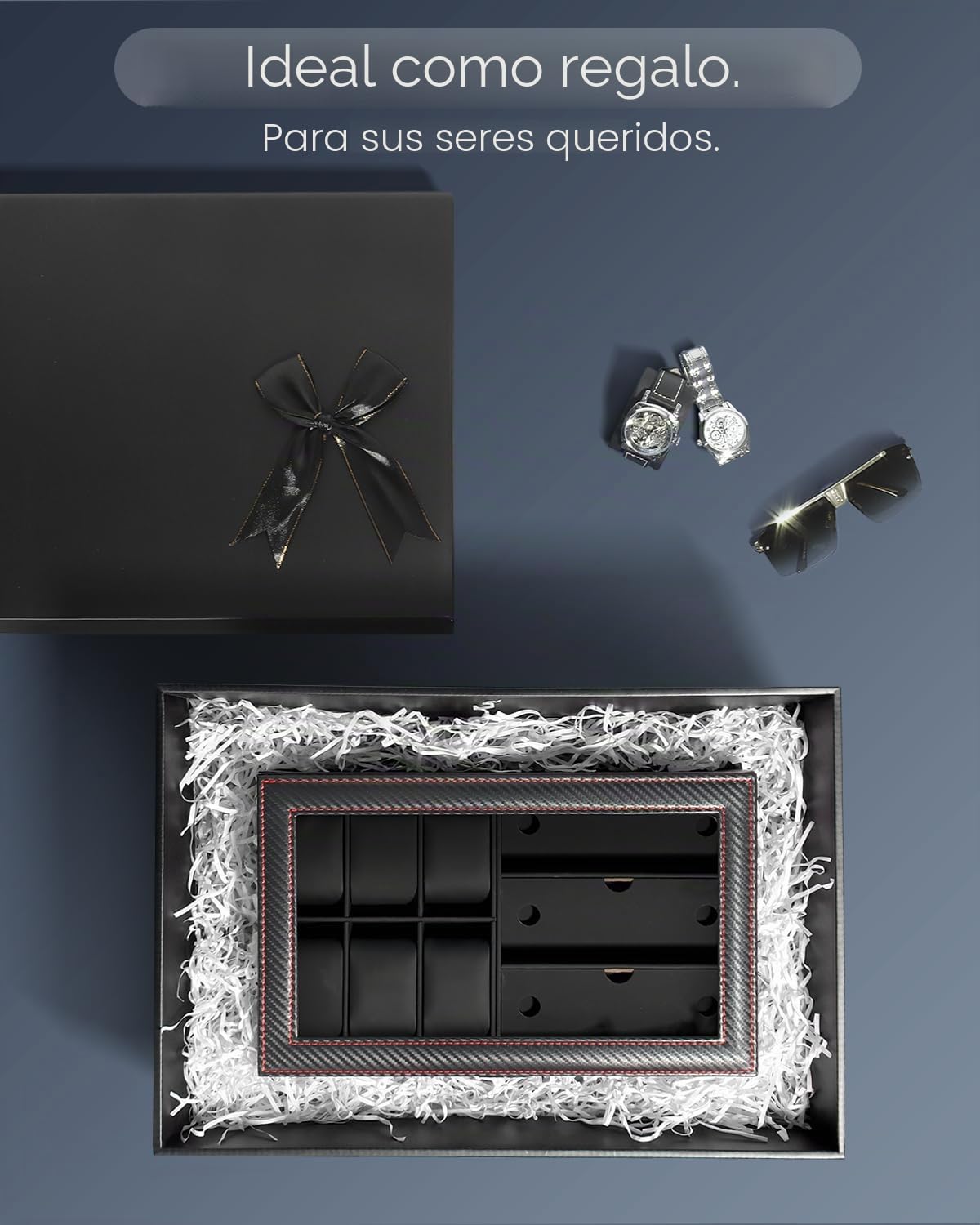 Caja para relojes y gafas de sol con tapa de cristal – Joyero para hombres, 6 compartimentos, 2 niveles, estuche para relojes con cerradura, caja de almacenamiento y exhibición – Regalo para hombres y