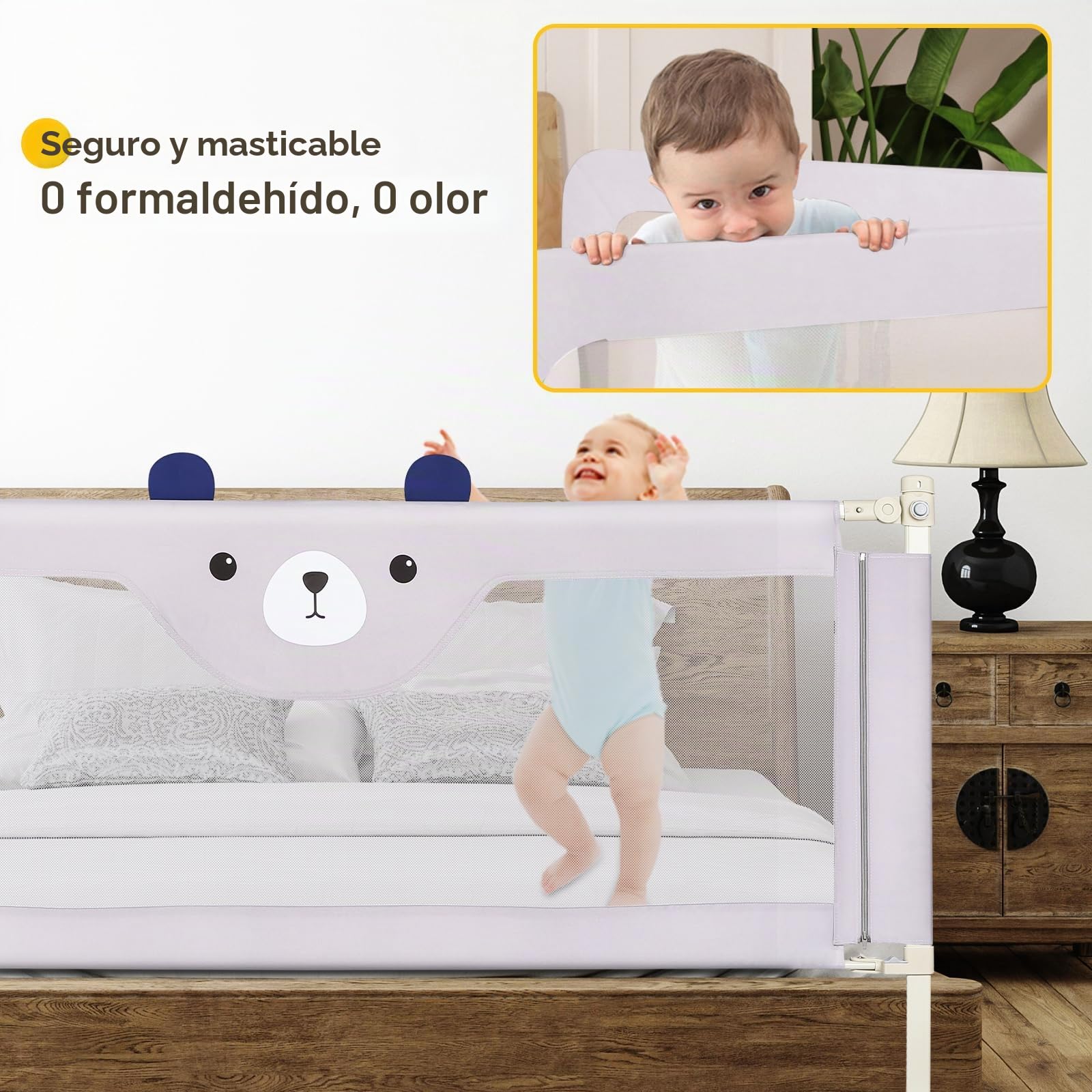 LANTUS Barrera Cama Infantil, Barandilla de Seguridad Cama de Niño Protección Cuna Bebé Guardería Dormitorio Habitación Protector Riel Barrera, Gris - 200 x 100 x 26 cm - Osito