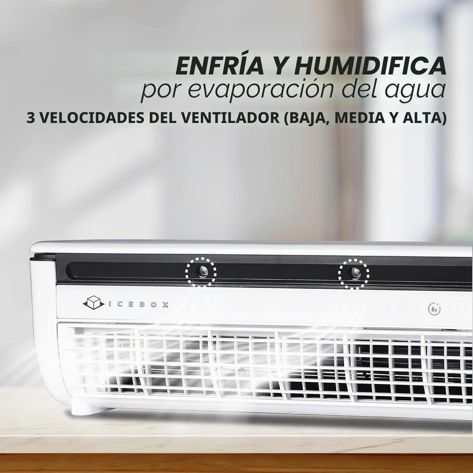 ICEBOX Ventilador de niebla refrigerante, pequeño ventilador portátil con humidificador evaporativo, para escritorio o montaje en pared, 3 velocidades, tanque de 8.8 onzas/260 ml, 8 horas de tiempo de