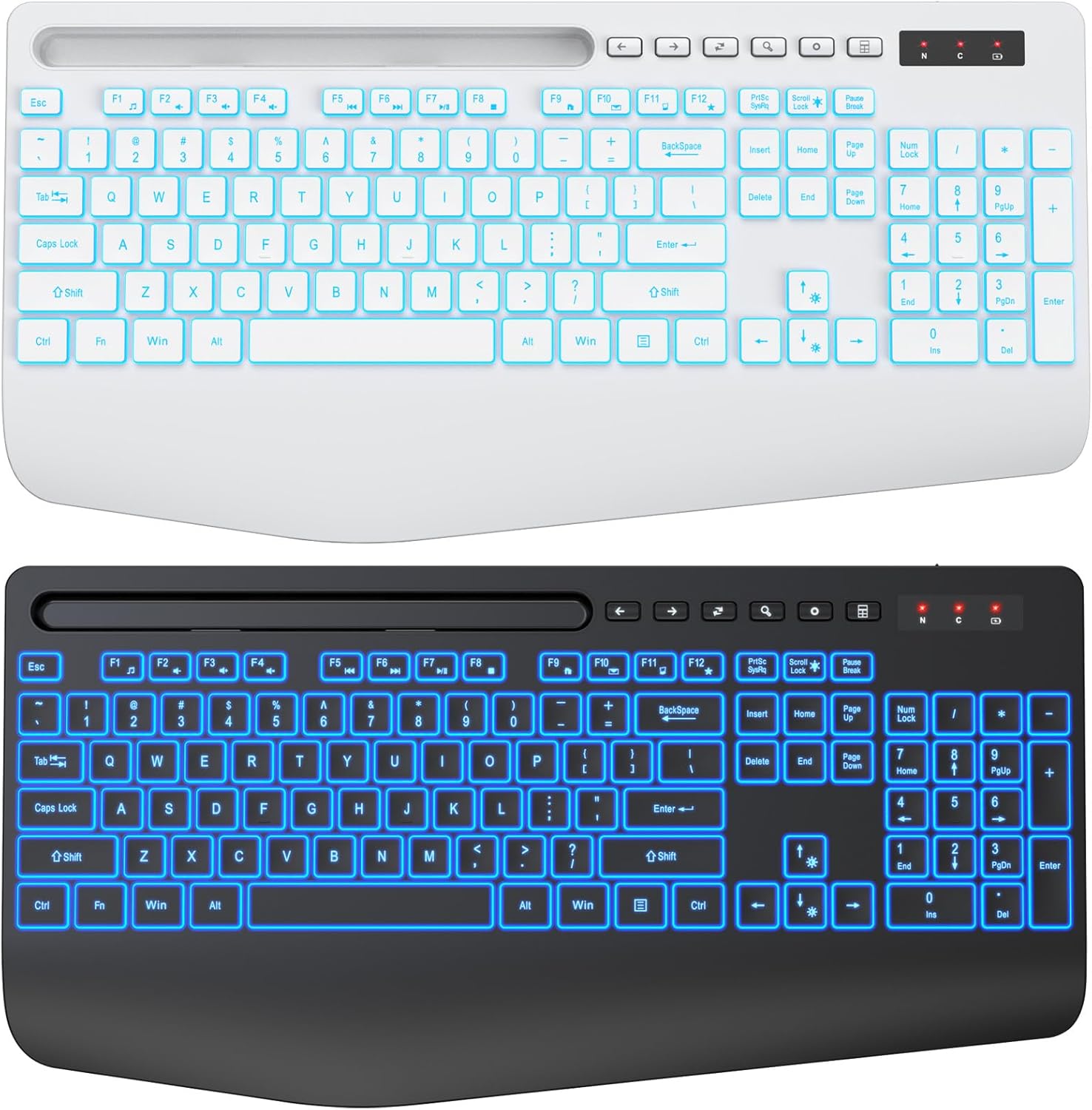 Trueque 2 Pack Wireless Keyboard with 7 Colored Backlits, Wrist Rest, Phone Holder, Rechargeable Ergonomic Keyboard with Silent Light Up Keys, Cordless Computer Keyboard Black & White