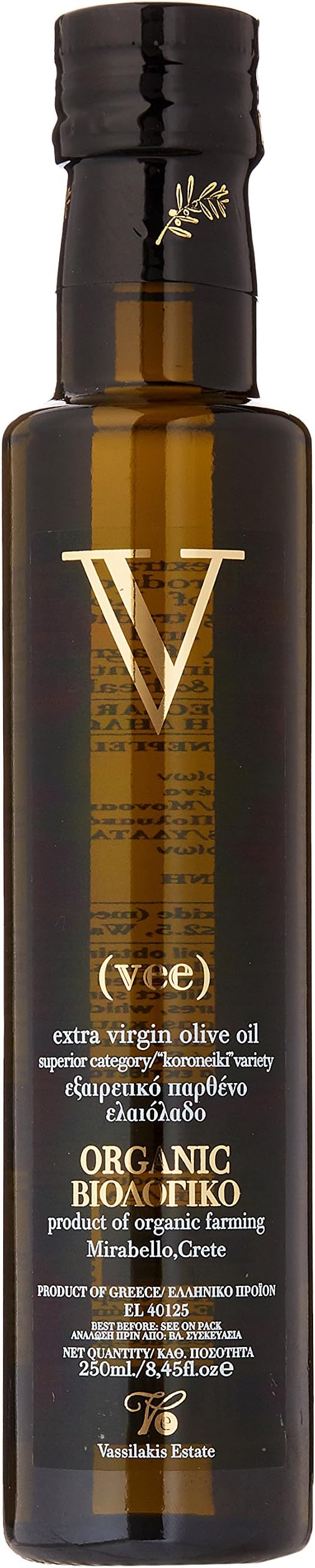 Vassilakis Estate - Vee Organic Extra Virgin Olive Oil – 100% Greek, Cold-Pressed from Crete – 250ml – Fruity, Low Acidity (≤0.5%), Vegan Friendly