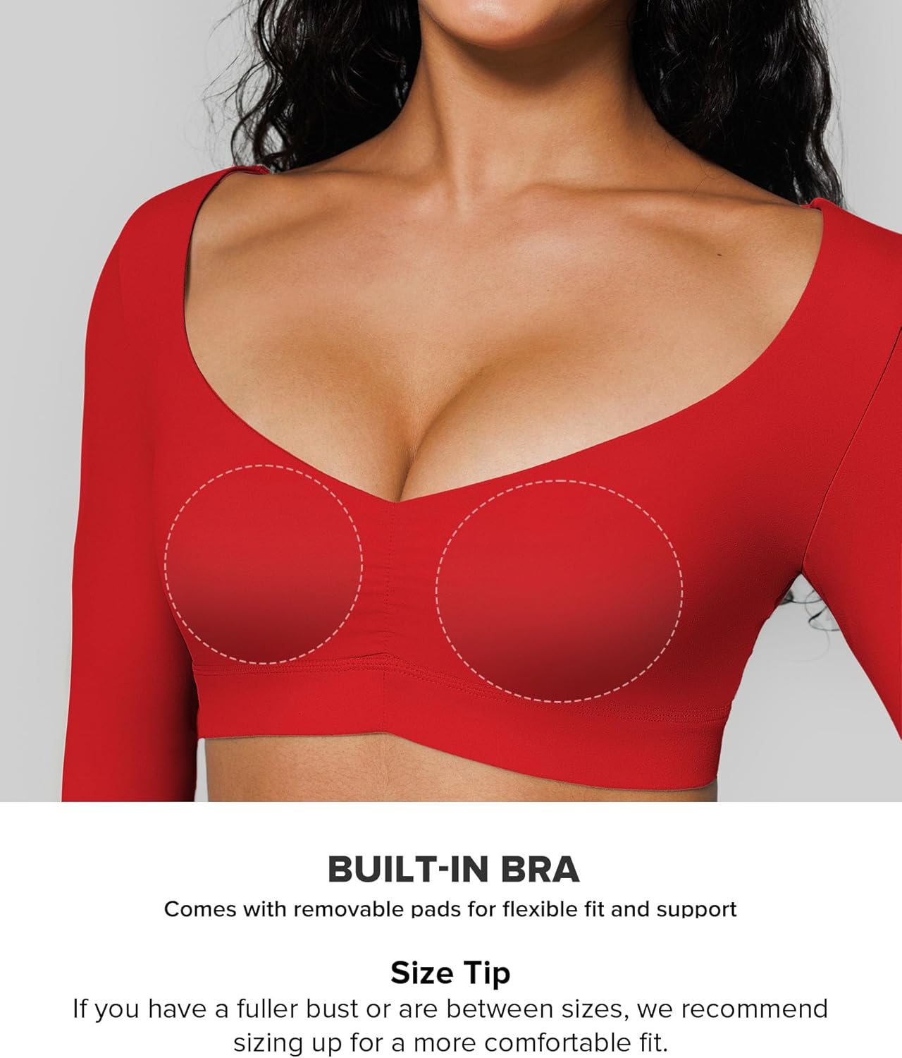 BRXL Long Sleeve Workout Crop Top for Women Built in Bra Gym Athletic Tops Deep V Neck Ruched Padded Dance Sexy Shirts