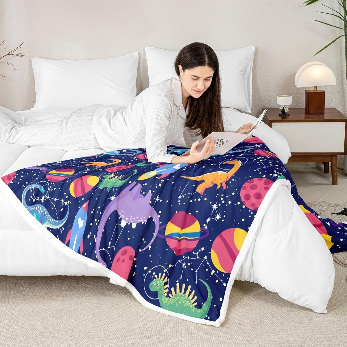 Castle Fairy Kids Cute Dino Plush Blanket,Cartoon Rocket Planets Stars Galaxy Bed Blanket Home Decor Gift,Colorful Dinosaur Animals Modern Style Fuzzy Blanket Office Chair, X Size (40 x 50 Inch)