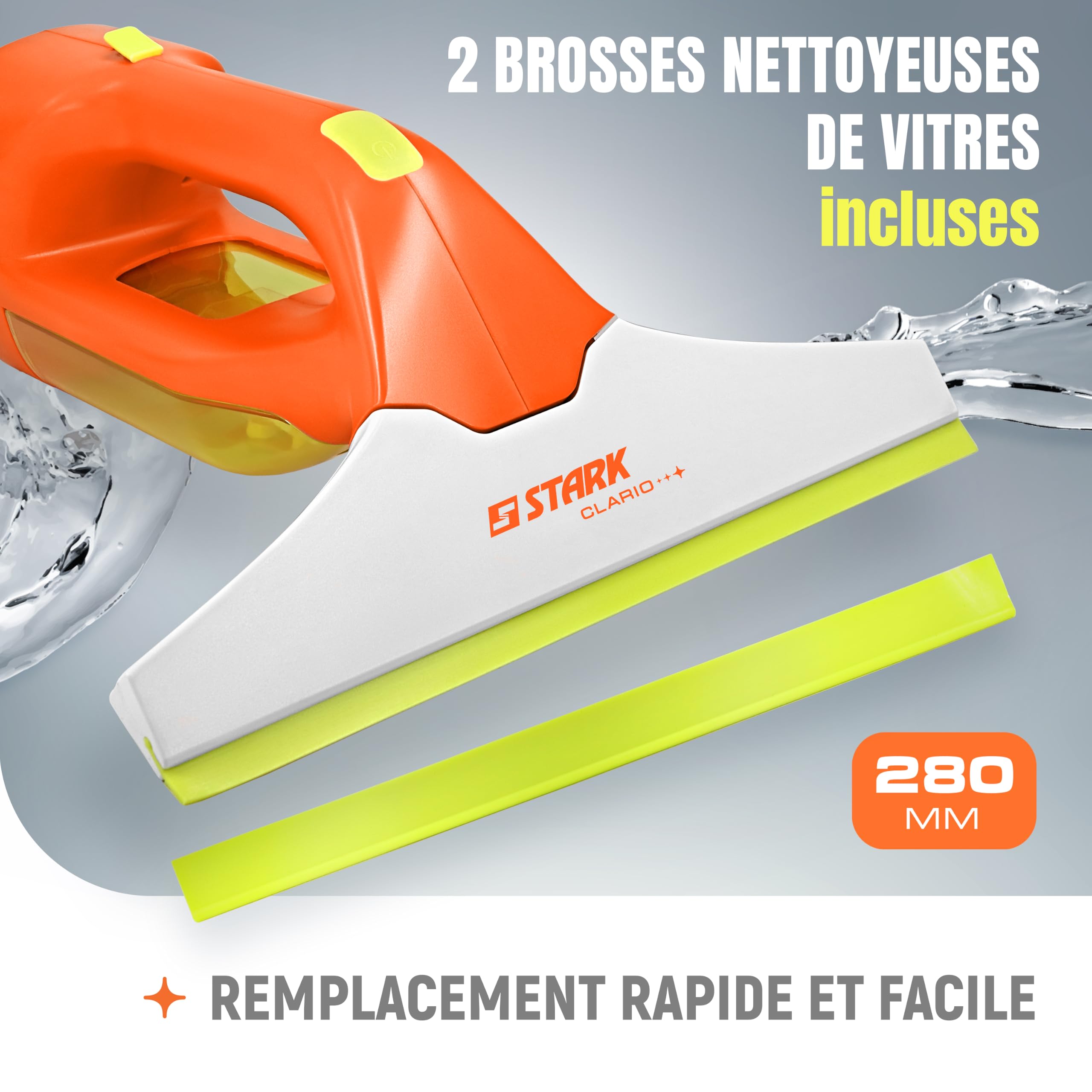 STARK Aspirateur Lave-Vitres Sans Fil 280 mm – Recharge USB-C | 2,0 kPa, Réservoir 150 ml, IPX4 | Raclette Vitres & Paroi de Douche (Microfibre + Spray)