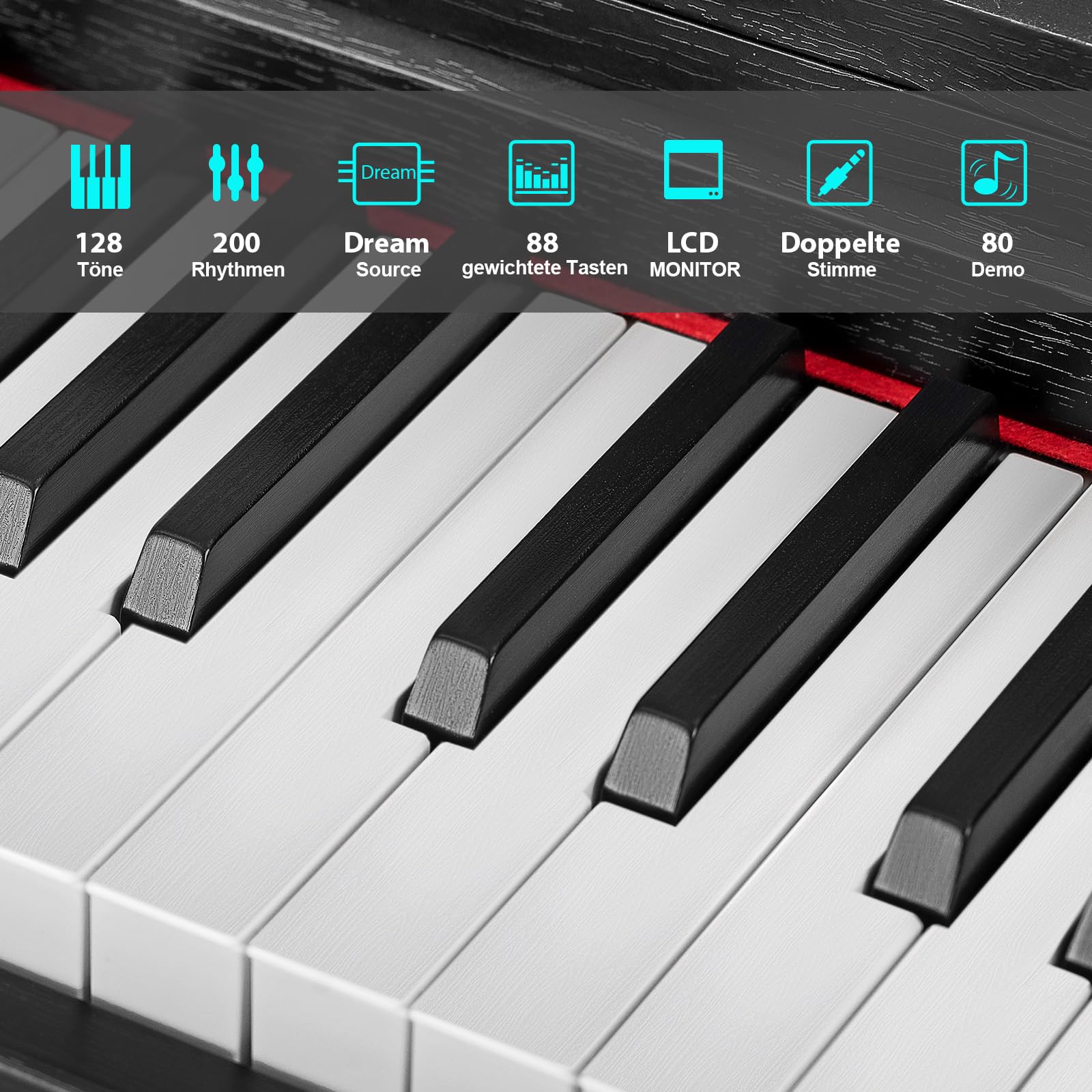MUSTAR Piano E de 88 teclas, piano digital, piano eléctrico con soporte para piano, 3 adaptadores de pedales, 2 conectores para auriculares, pantalla LCD, USB/MIDI, piano para principiantes