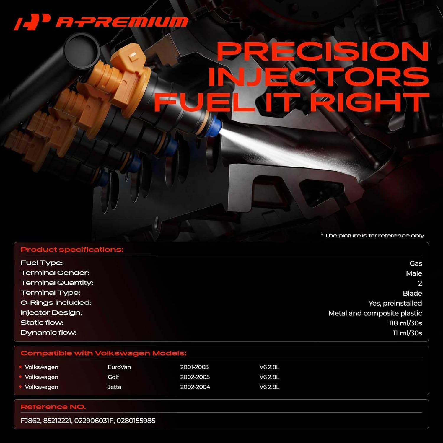 A-Premium 4 Holes Set of 6 Fuel Injectors Compatible with Volkswagen Jetta 2002-2004, Golf 2002-2005, EuroVan 2001-2003, 2.8L