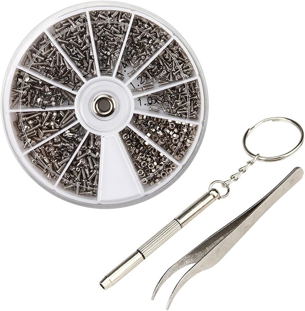 1000Pcs Eyeglasses Sunglass Spectacles Tiny Screws Nut Assortment Repair Tool Kit Set M1 M1.2 M1.4 M1.6 for Eyeglasses Cell Phone Spectacles with Tweezer Micro Screwdriver (White 1)