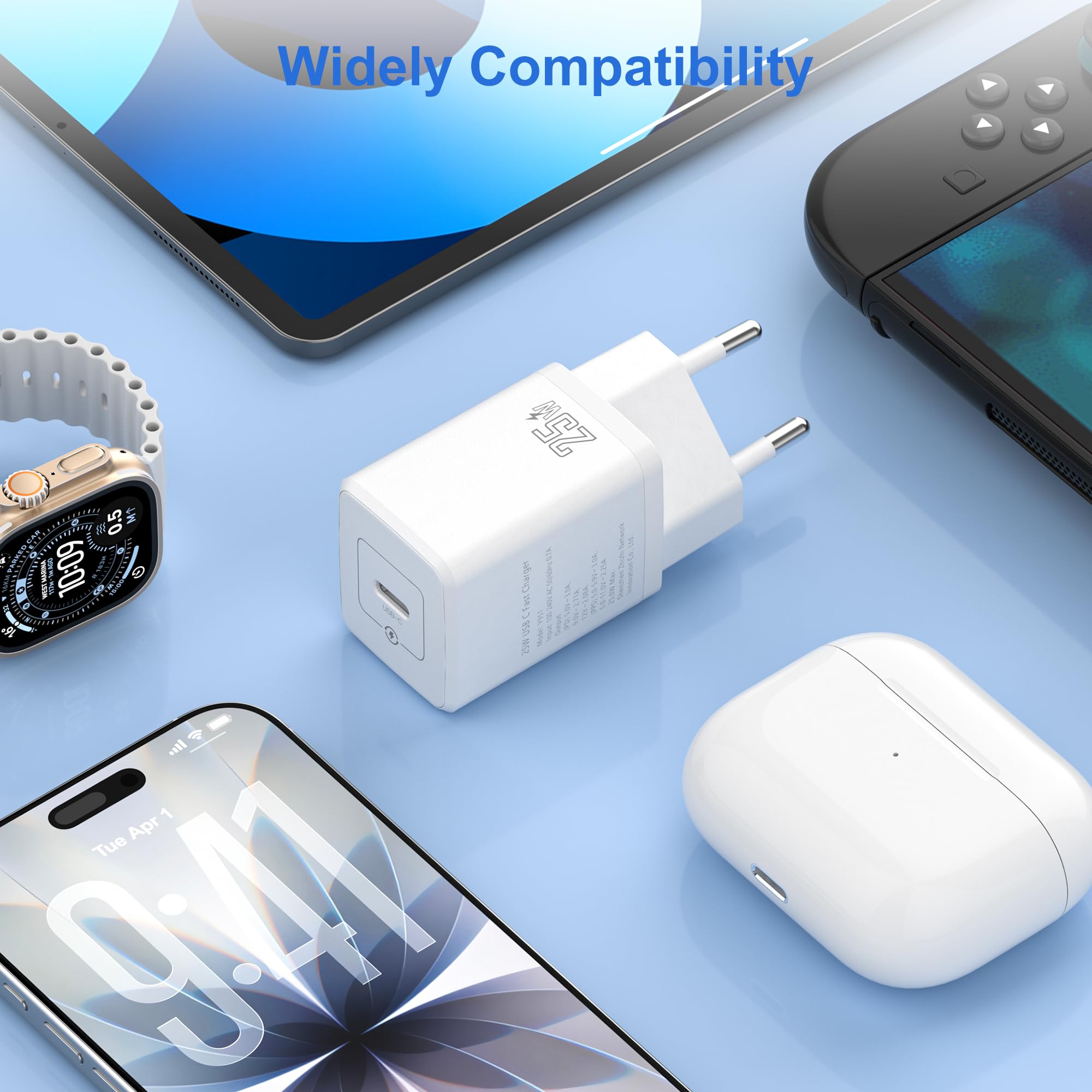YISH USB C Szybka Ładowarka 25W：PD 3.0 Zasilacz Wtyczka USB Typ C Fast Charger USBC Adapter z 60W 1M USBC na C kablu