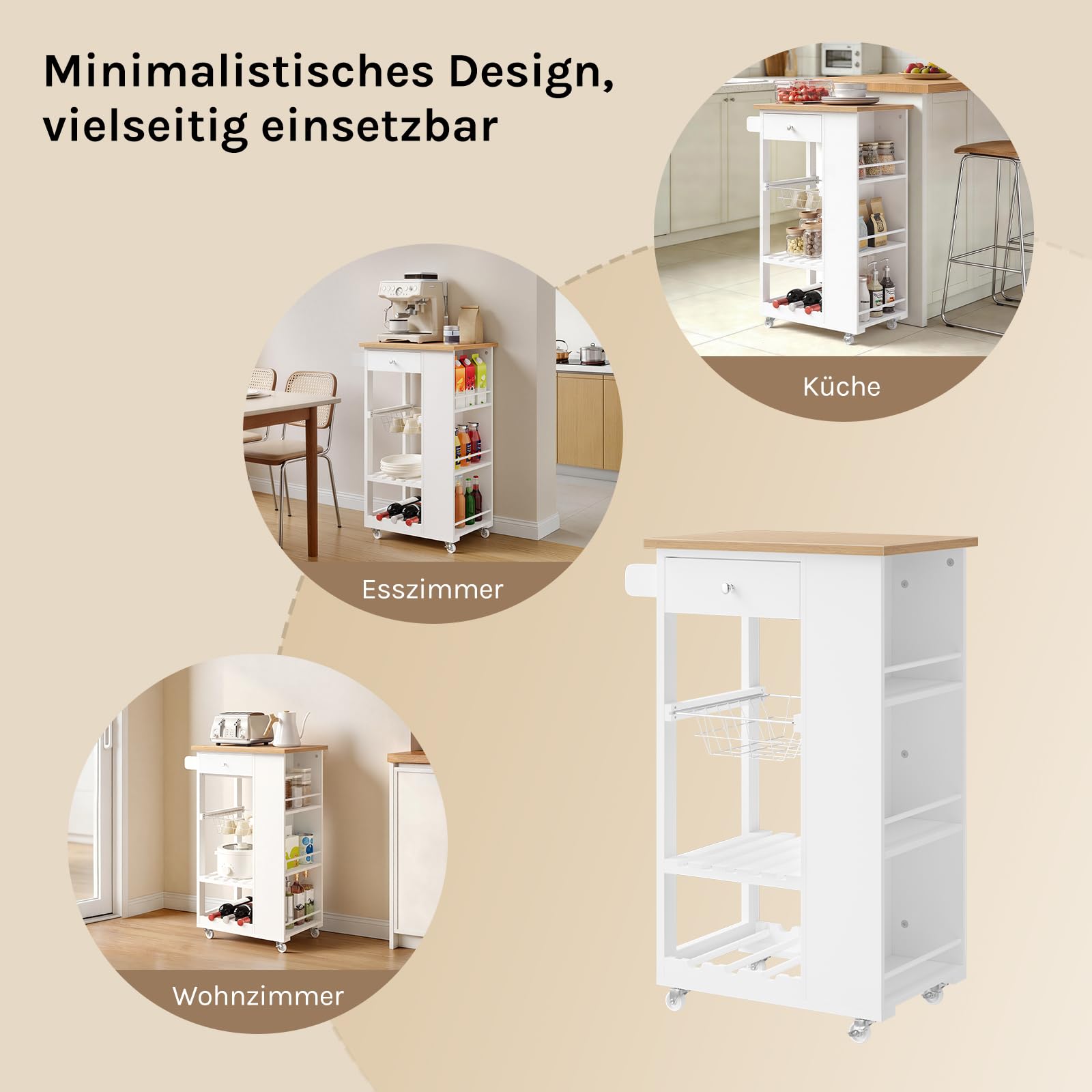 WOLTU Küchenwagen mit Rollen, Mobile Kücheninsel mit Arbeitsplatte, Servierwagen mit Schublade Weinregal und 3 Seitenablagen, für Küche Esszimmer Wohnzimmer, Bambus + Weiß