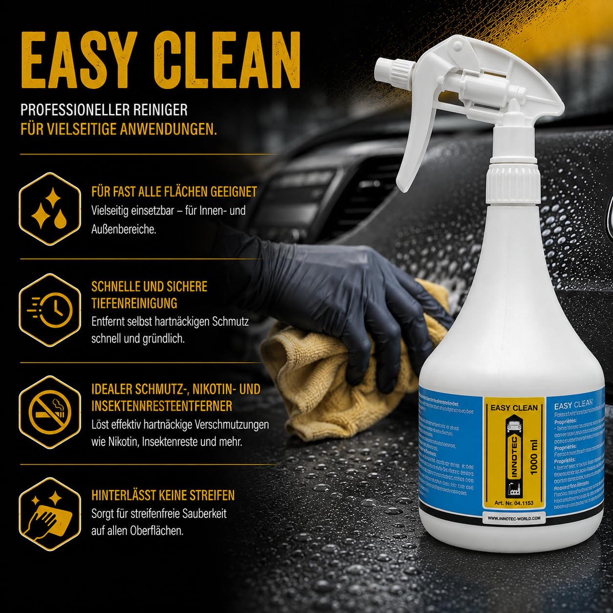 2 Stück Innotec Easy Clean Reinigungsmittel - Flüssiger Universalreiniger - entfernt Nikotin, Fett, Schmutz, Streusalz, Silikon, Ruß, Schmutz, Nikotin und Insektenreste - 2x 1000 ml Sprühflasche