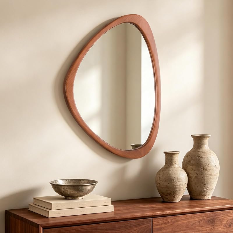 HOMECOOKIN 25 x 20 Asymmetrical Mirror, Irregular Wooden Wall Mirror for Bedroom, Living Room,Entryway– Boho Mid Century Modern Decorative, Solid Wood Frame, Pebble Shaped Design (Walnut)