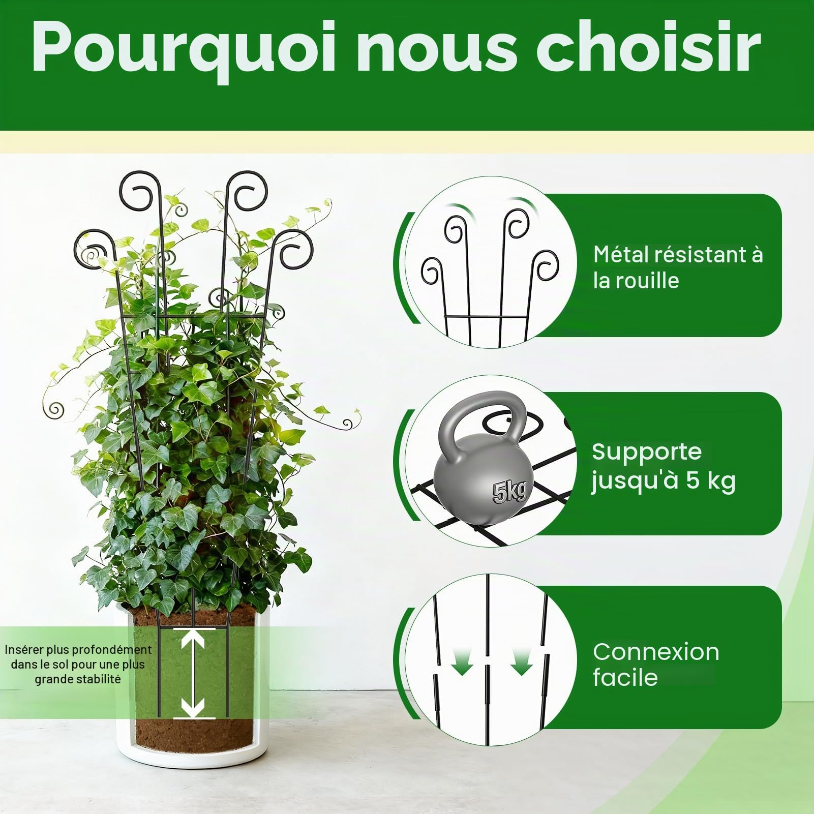 Lot de 4 treillis de 125 cm pour plantes grimpantes, tuteur en métal pour plantes d'intérieur | Treillis de jardin intérieur et extérieur pour légumes, roses et fleurs
