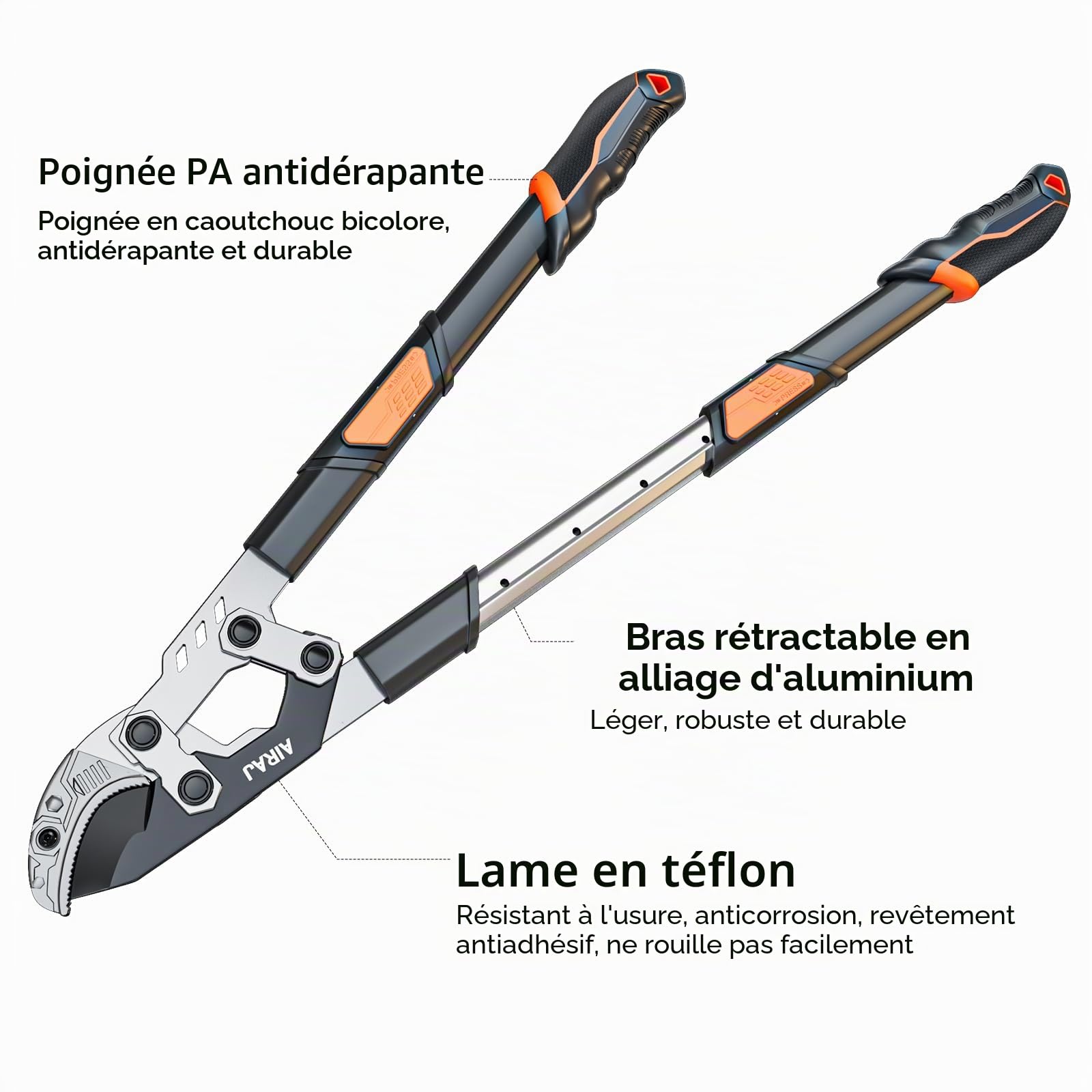 Coupe Branche Robuste AIRAJ,Coupe Branche Telescopique de 70 à 90 CM,Cisaille de Jardin de Type Enclume,Lames SK5 Tranchantes,Découpe Rapide,Taillez Facilement les Branches (Jusqu'à 55 MM)
