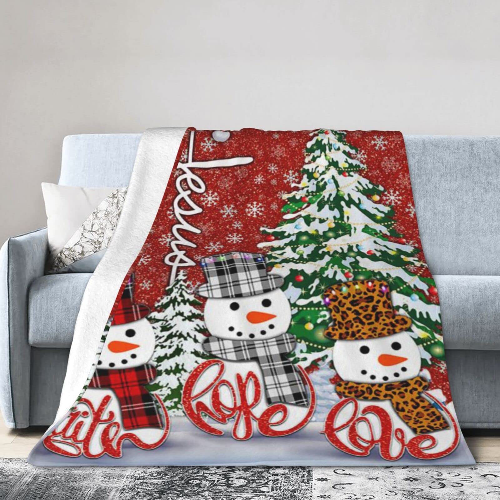 Lsjuee Flannel Fleece Blanket 50"X40" Snowman – Faith Hope Love Sofa Throw Blanket Lightweight Ultra-Soft Travel Winter Blankets for Mens Keep Warm