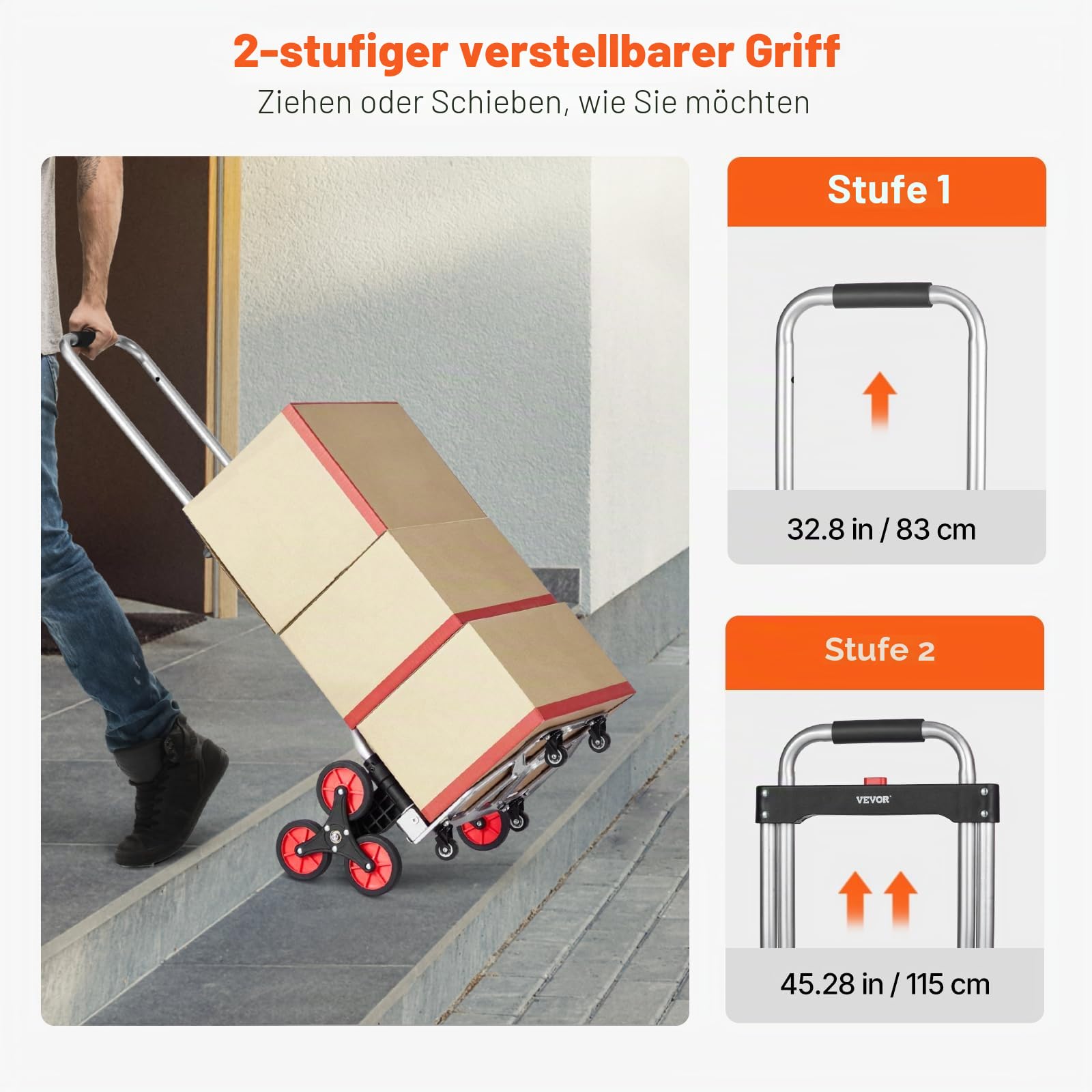 VEVOR Sackkarre 490 x 475 x 1150 mm, Treppensteiger, Treppensackkarre 118 kg, zusammenklappbarer Trolley mit Teleskopgriff, 10 Rädern & 2 elastischen Seilen für Zuhause, Einkaufen, Umzüge & Lager