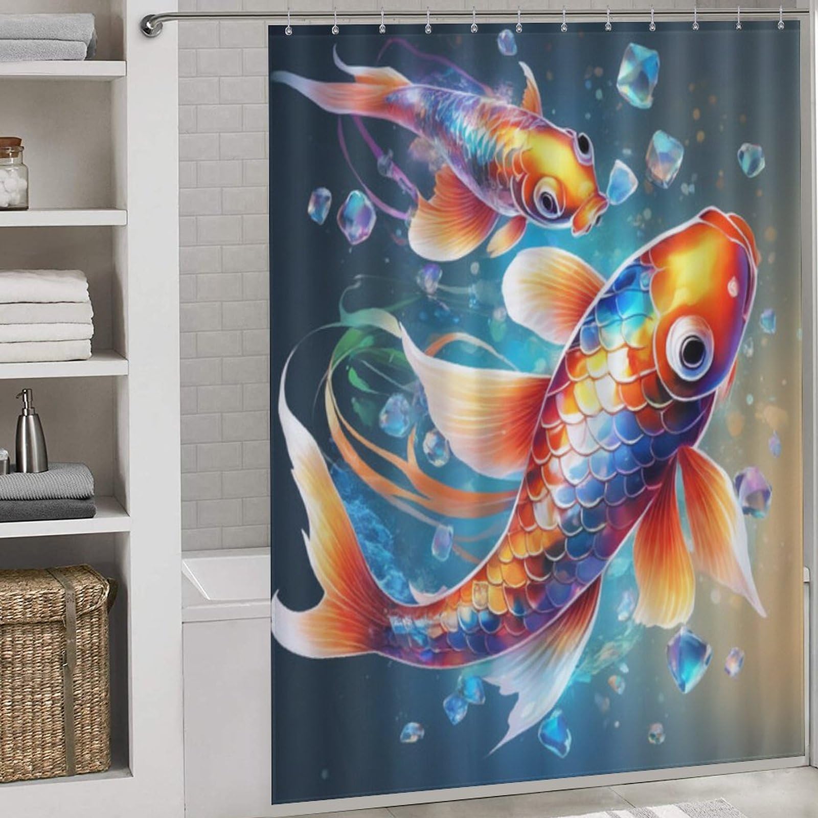 Rideau de douche poisson koï anti-éclaboussures en polyester étanche lavable