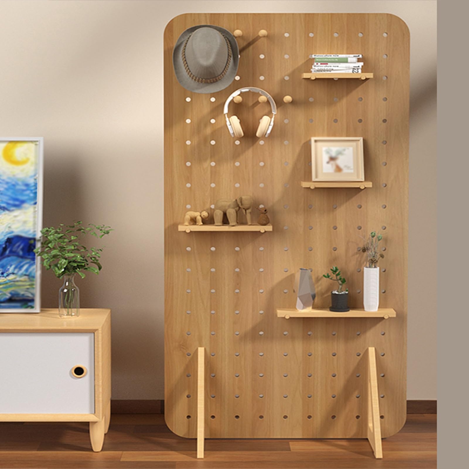 Pegboard-Wand-Organizer-Paneele, modulares hölzernes Peg Board, Wandhakengestell zum Aufhängen an der Wand, für den Eingang des Home-Office, (Farbe: Holzfarbe) (16 x 47 Zoll)