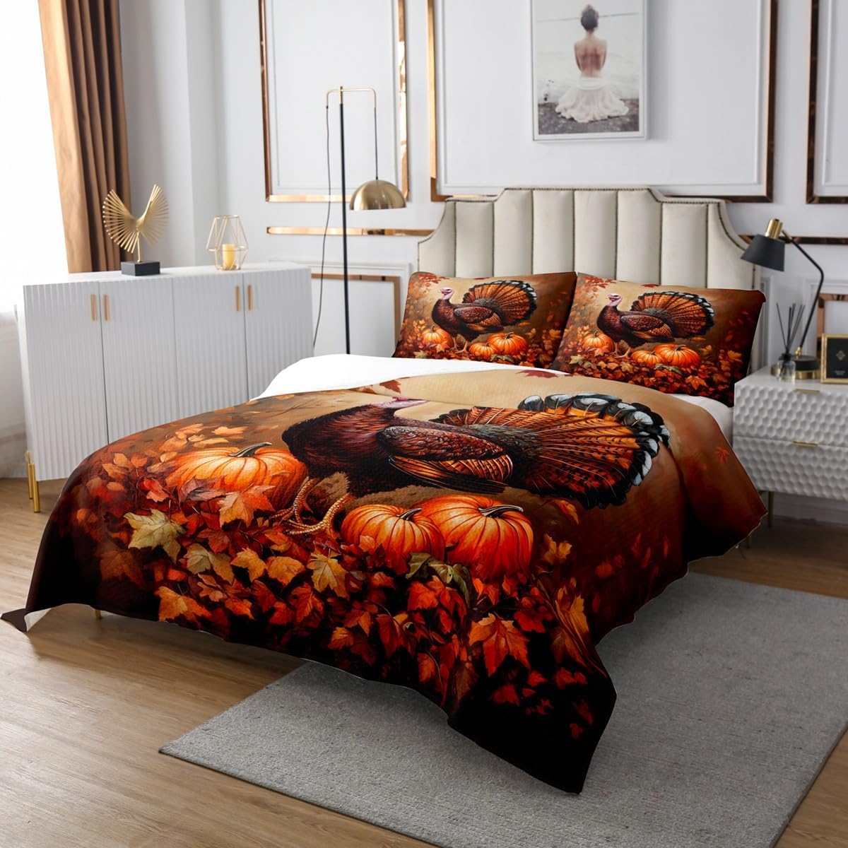 Erosebridal Thanksgiving Turkey Theme Quilt Set Twin Farm Animal Print Bedspread Fall Pumpkin Maple Leaf Coverlet Set for Kids Boys Girls Adults Orange Festival Decor Bed Sets