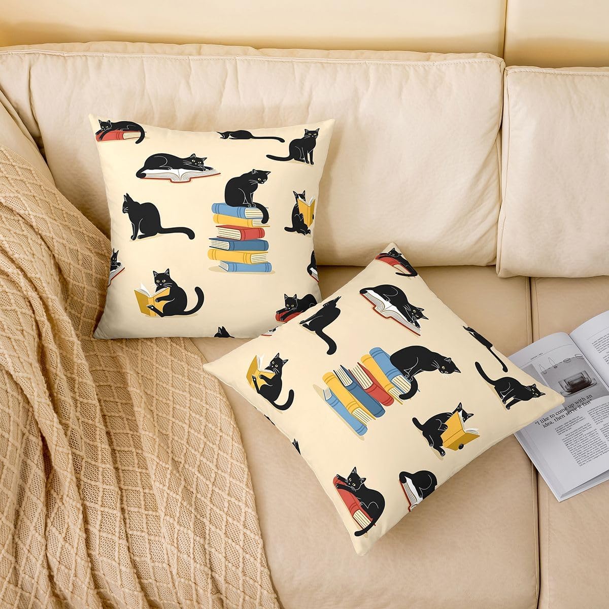 Castle Fairy Cats Reading Books Throw Pillow Covers (Pack of 2),Cute Black Cat Cushion Cover for Kids Girls Teens Cartoon Pet Kittens Pillow Cases Modern Beige Living Room Sofa Bed Decor,18" Lx18 W image 2