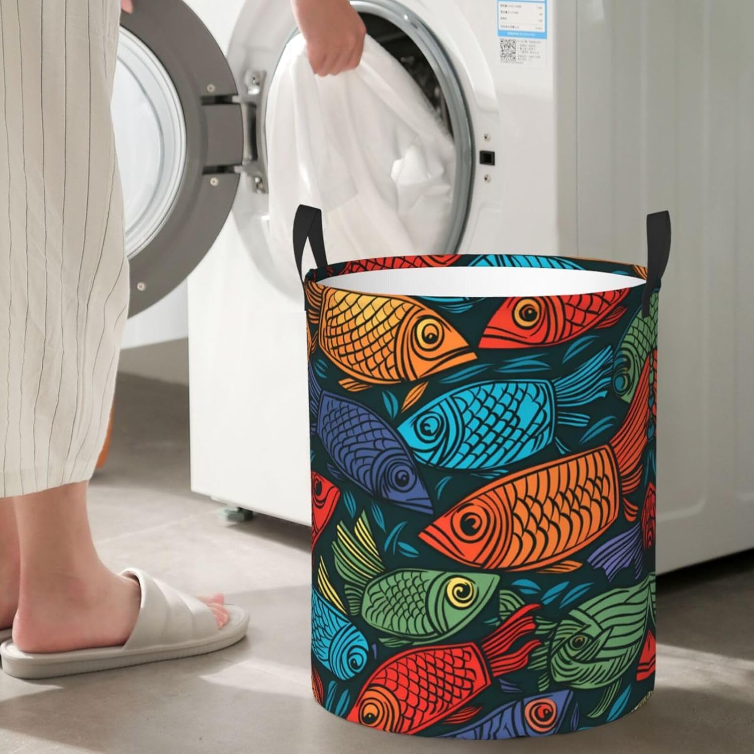 Colorful fish pattern Round Single-layer Laundry Basket, Portable Storage Laundry Basket, Bedroom Clothes Storage Basket with Handle