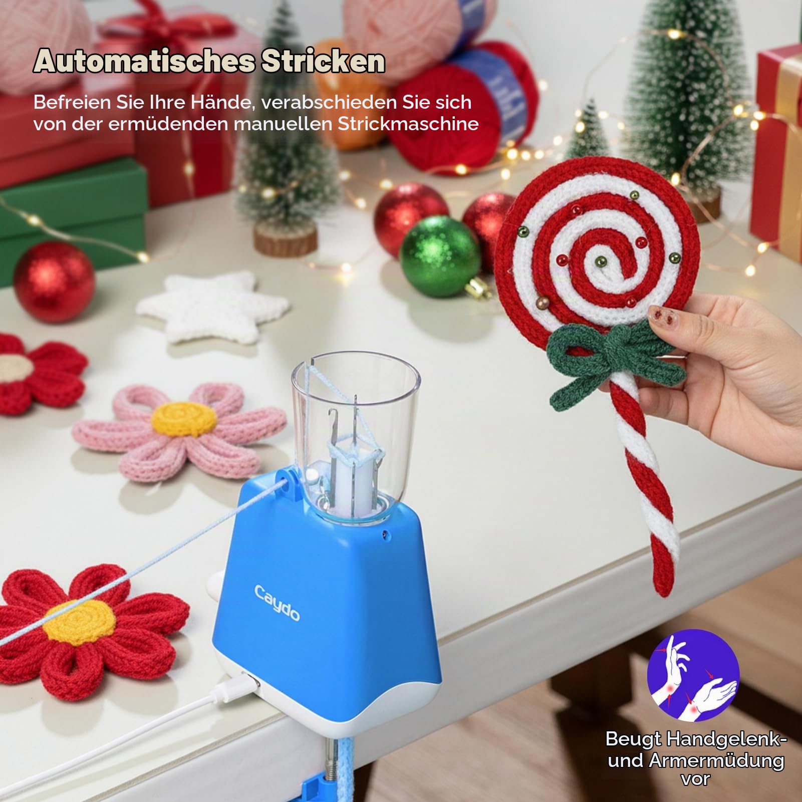 Caydo Strickmühle Kit Häkelset für Anfänger, Elektrisch Strickmaschine Set Automatische Herstellung von Strickschläuchen, Deko Schnur Strickliesel, Geschenk DIY Häkelmaschine für Erwachsene&Kinder