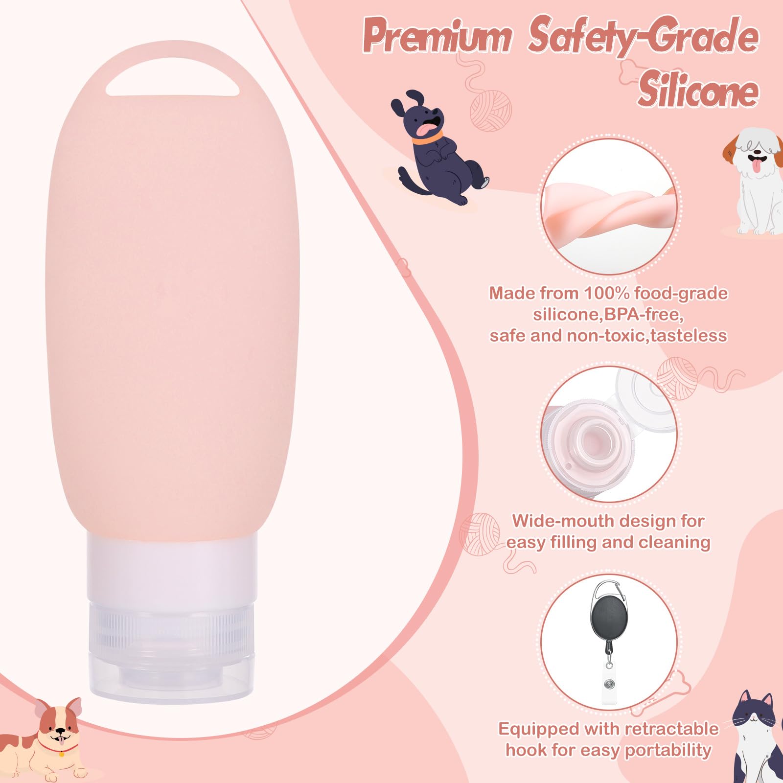 3 szt. tuba do karmy dla psa, 90 ml, silikonowe butelki podróżne do napełniania, z klamrą górską, tubka do napełniania, wielokrotnego użytku, do treningu psów
