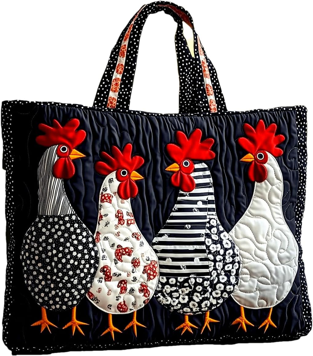 Original Funky Chicken Quilted Tote Bag – Handmade Boho Patchwork Shoulder Bag for Daily & Travel Use