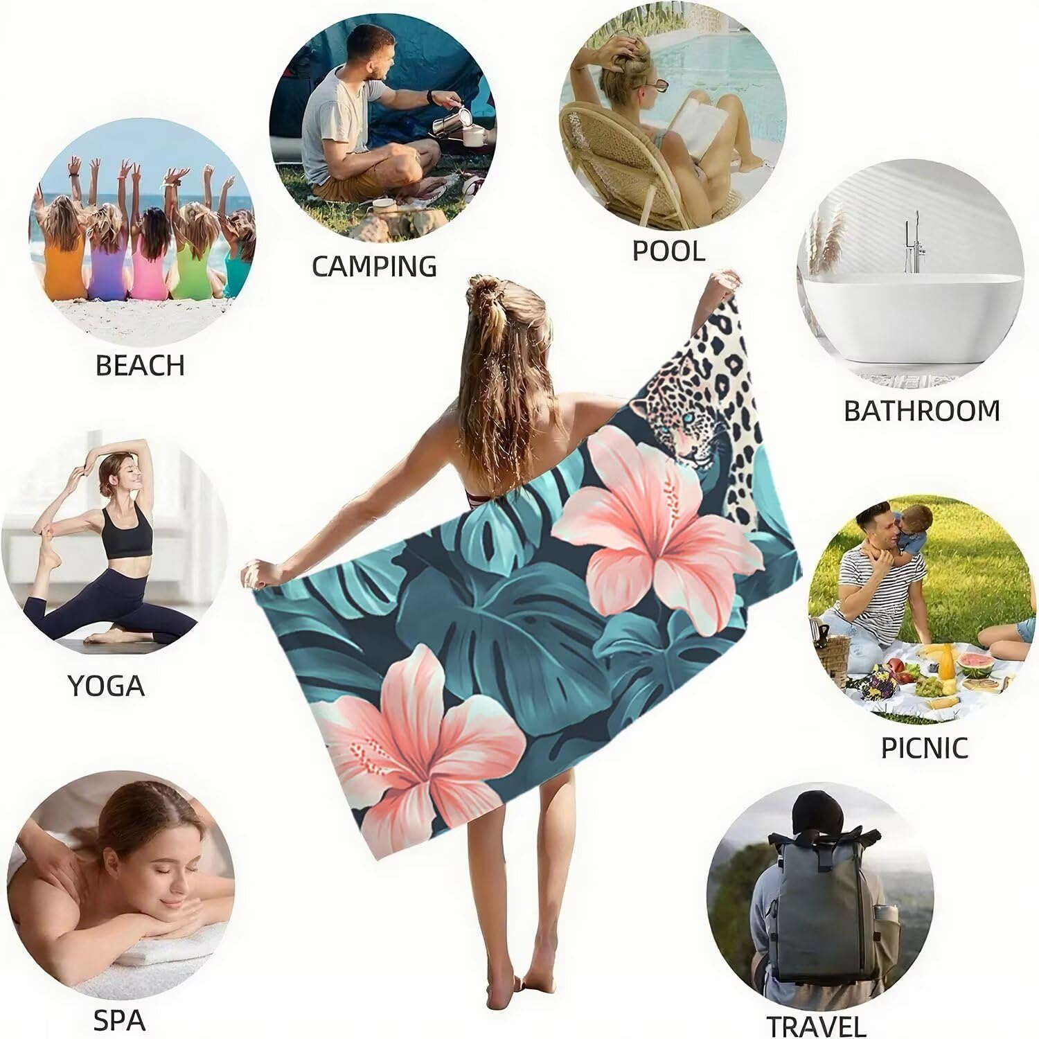 Toalla Playa Grande 160x220 Toalla Playa Microfibra, Ligera Secado Rápido, Sin Arena Portátil Toallas para Viajes, Hombre, Mujer Toallas, para Natación, Camping, Gimnasio (Planta Leopardo) p-495