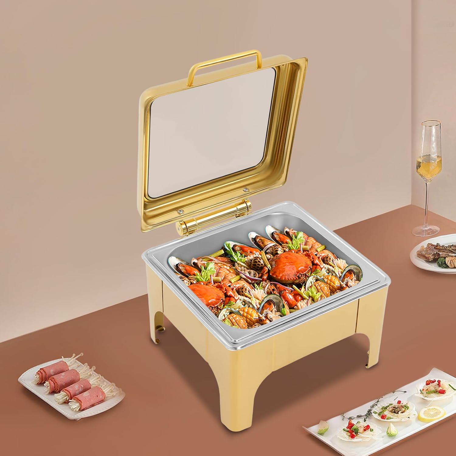 Gold Catering Warmer 6L/6.34Qt, Stainless Steel Cooling&Heating Chafing Dishes with Transparent Hydraulic Lid, Buffet Server Heat Preservation Stove for Parties Wedding (6L/6.34Qt)