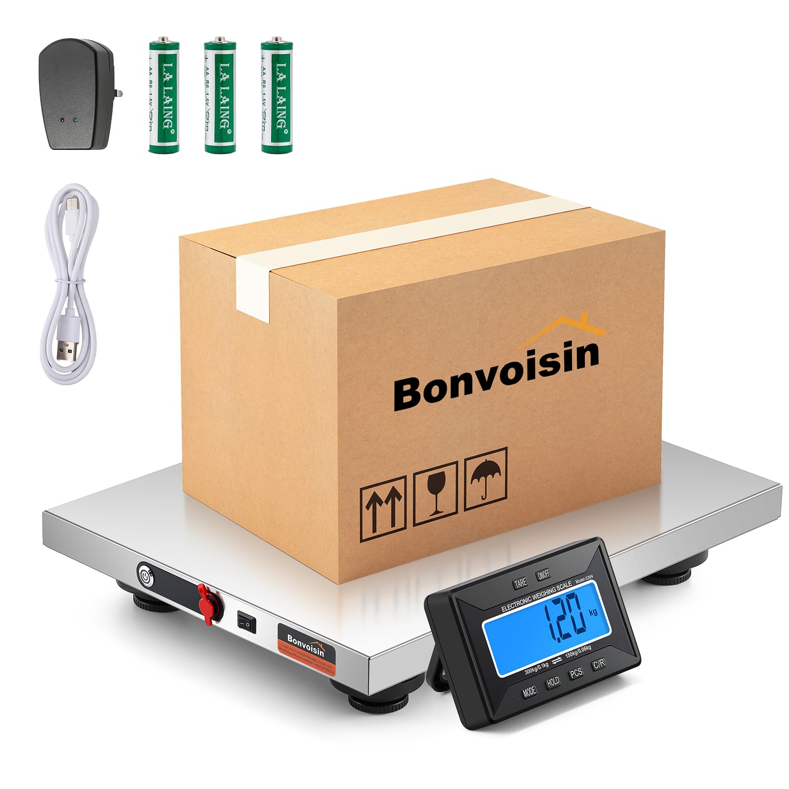 Bonvoisin Balance postale sans fil 300 kg avec écran LCD séparé, plate-forme en acier inoxydable, fonctionnement sur batterie et secteur, double usage, kg/lb/oz/lb:oz, fonctions tare/hold/compte, 300