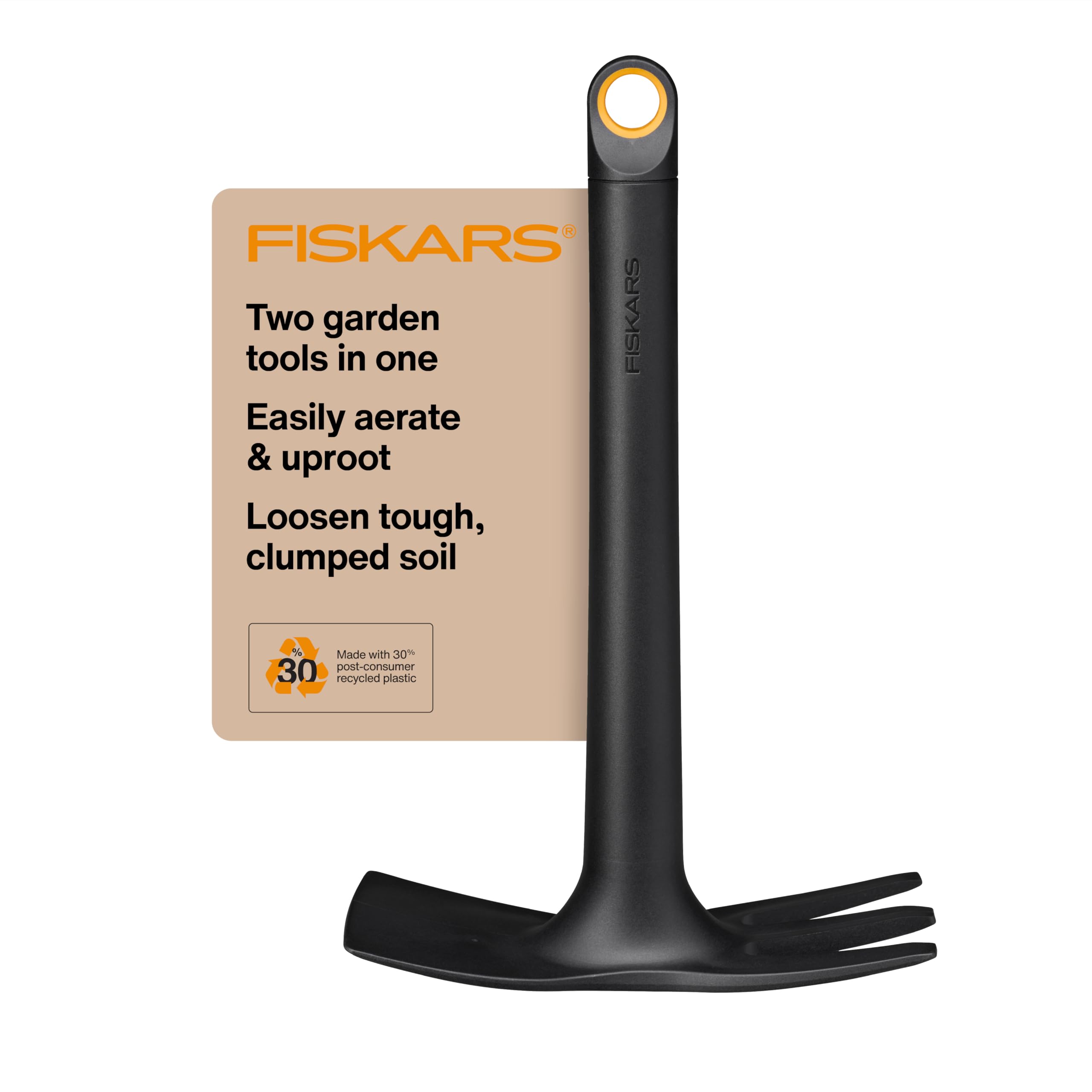 Fiskars Eco Cultivator Hoe with Dual-Function Design, Tapered Blade, Cultivator Tines, Ergonomic Handle, and UV-Resistant Build for Soil Care