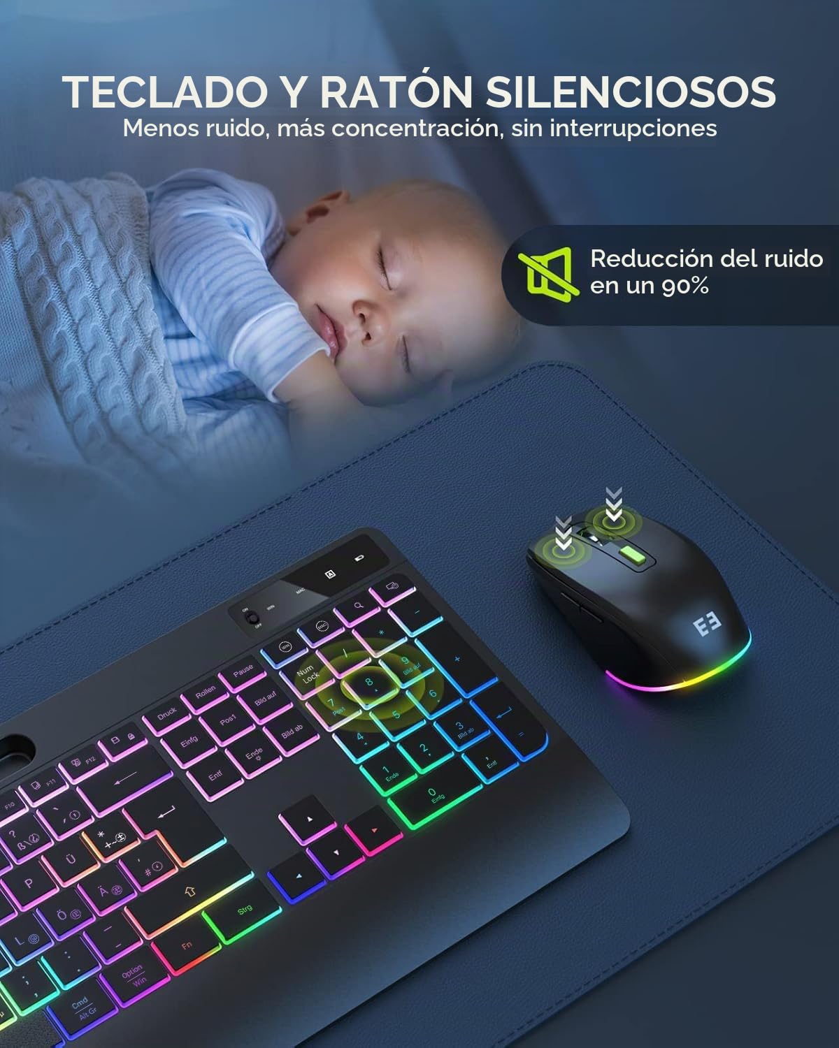 seenda Teclado y ratón inalámbricos iluminados, recargable USB y tipo C, teclado inalámbrico con ratón con soporte para teléfono móvil y reposamuñecas para PC/Windows/Mac, clic silencioso y