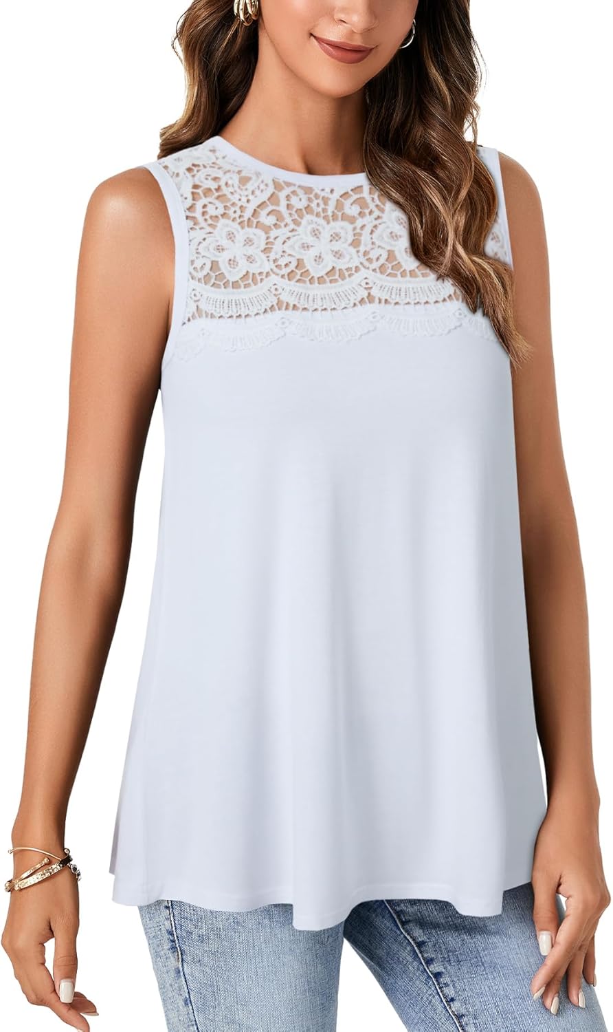 LYANER Women's Summer Tops Lace Crew Neck Sleeveless Tunic Shirts Casual Loose Flowy Blouses Tank Top - Image 3